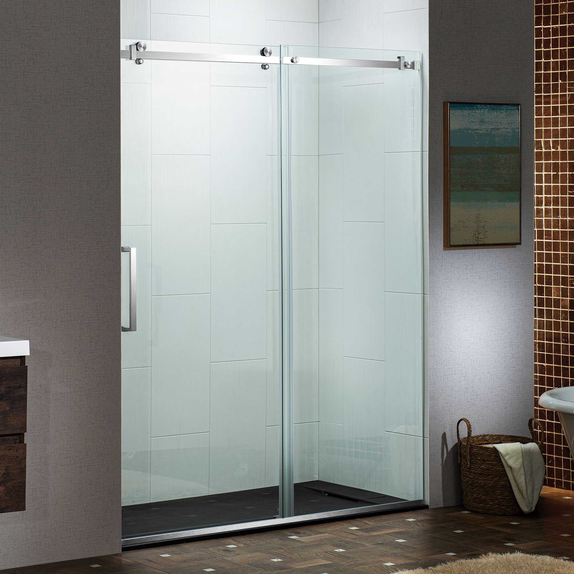  WOODBRIDGE Frameless Single Sliding Shower Doors in Brushed Nickel Finish, 56-60