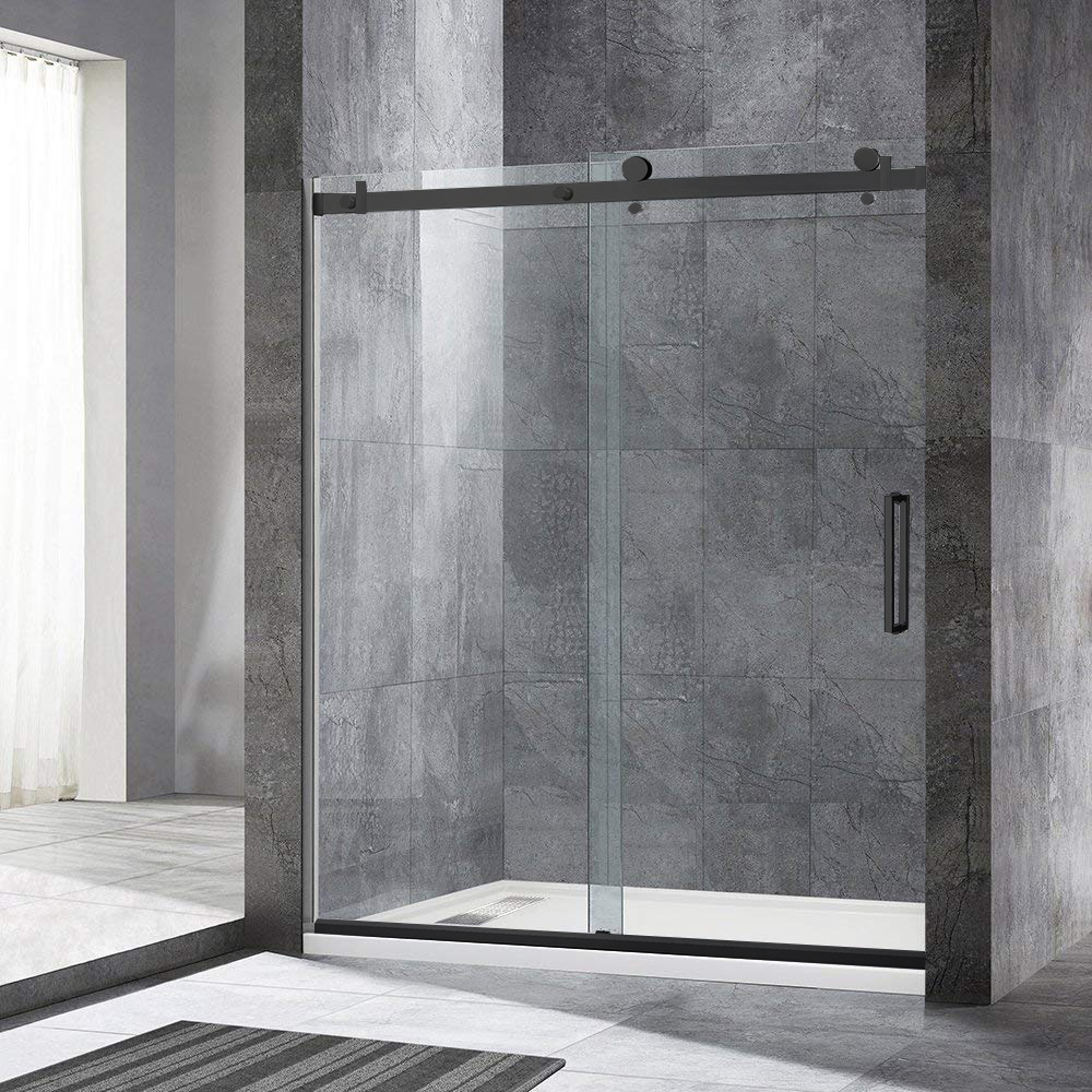  WOODBRIDGE Frameless Single Sliding Shower Doors in Matte Black Finish, 56-60