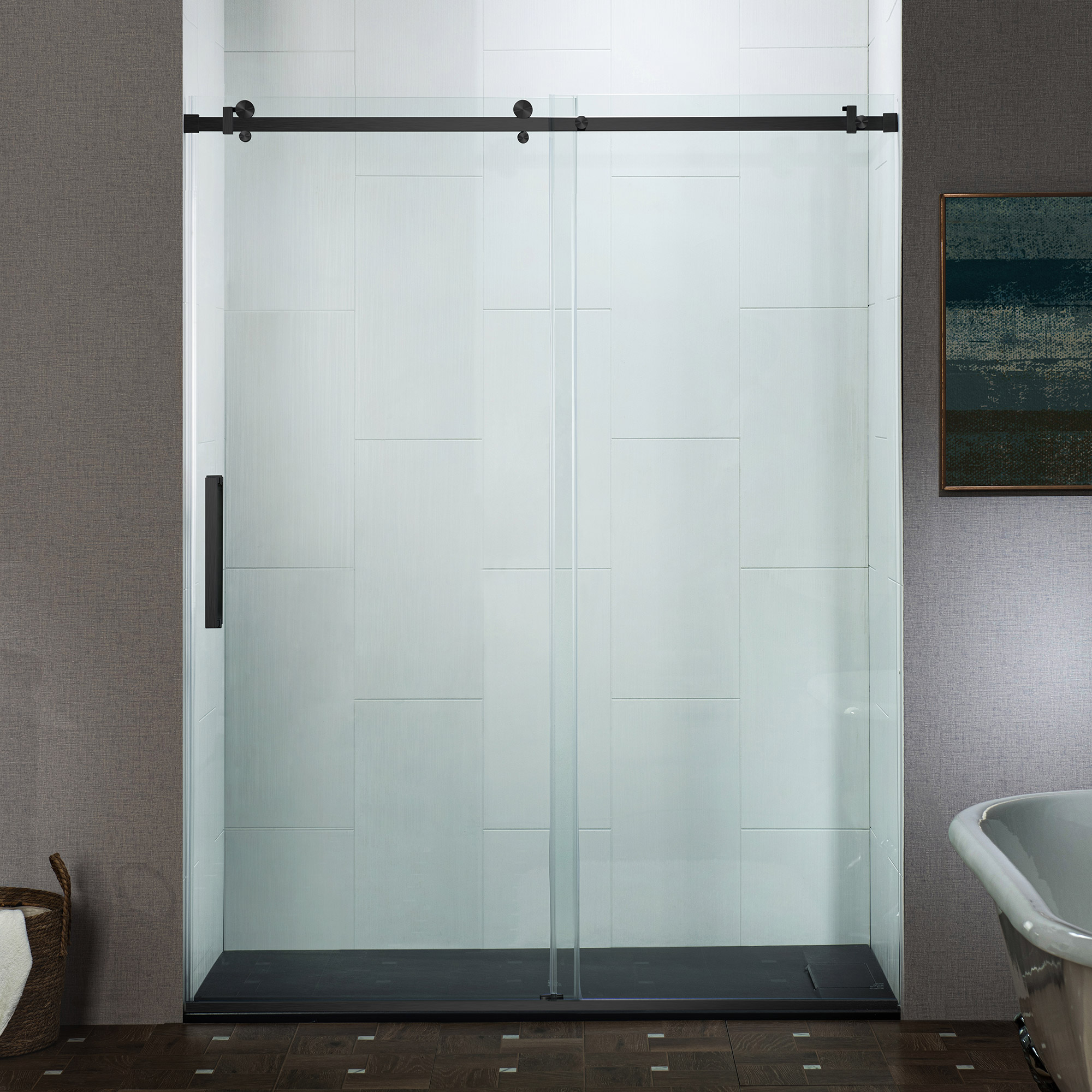  WOODBRIDGE Frameless Single Sliding Shower Doors in Matte Black Finish, 56-60