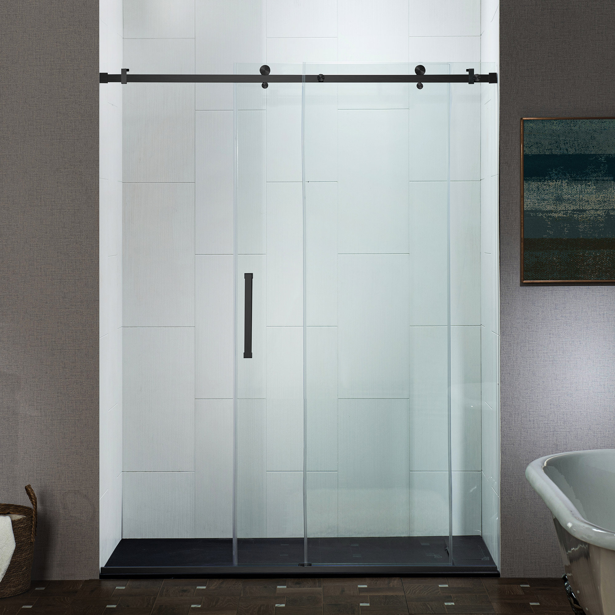  WOODBRIDGE Frameless Single Sliding Shower Doors in Matte Black Finish, 56-60