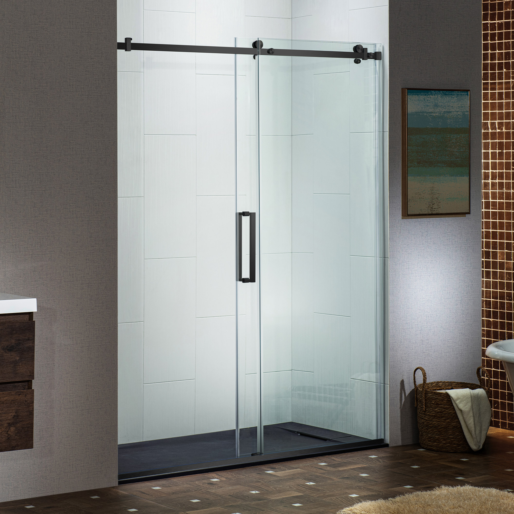  WOODBRIDGE Frameless Single Sliding Shower Doors in Matte Black Finish, 56-60