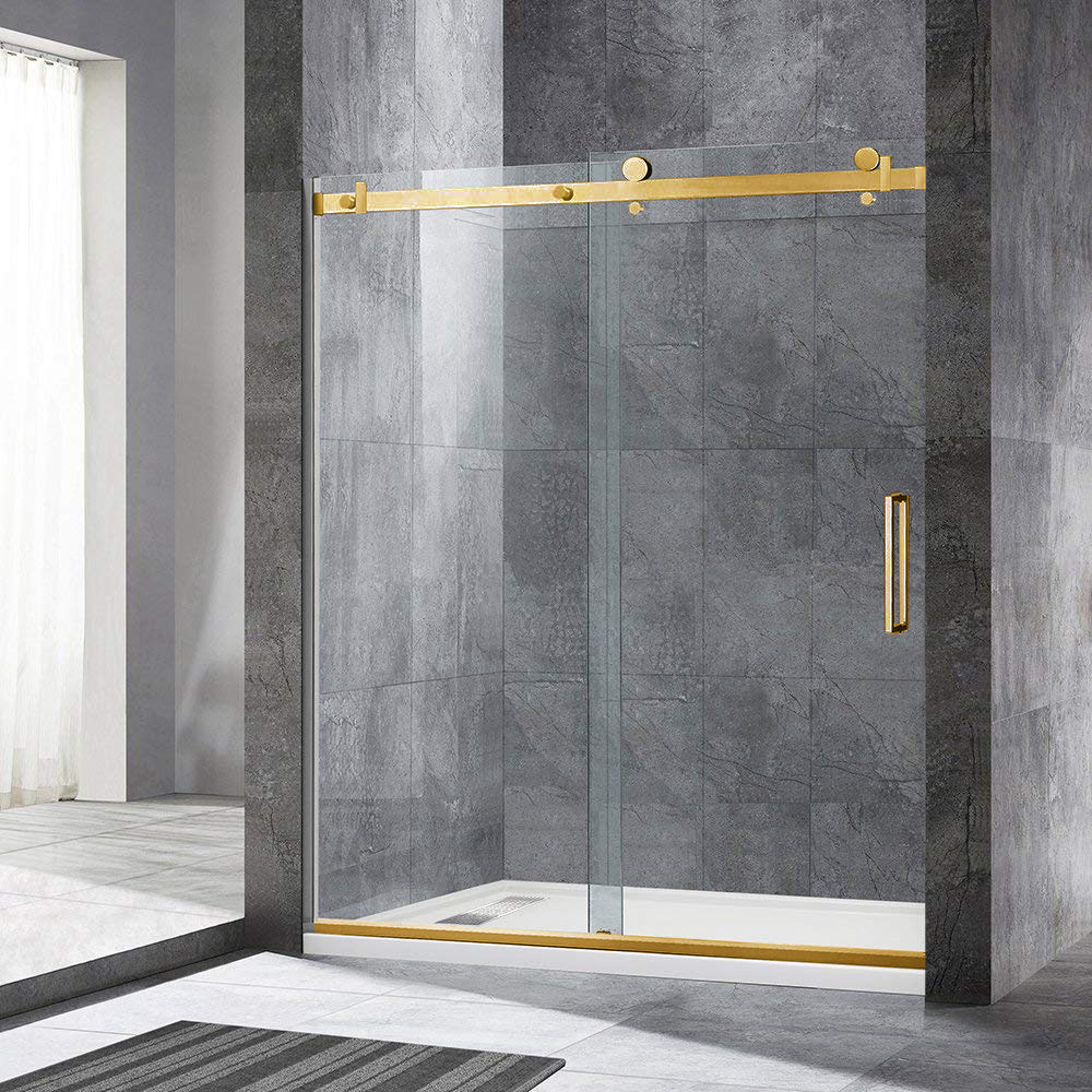  WOODBRIDGE Frameless Single Sliding Shower Doors in Brushed Gold Finish, 56-60