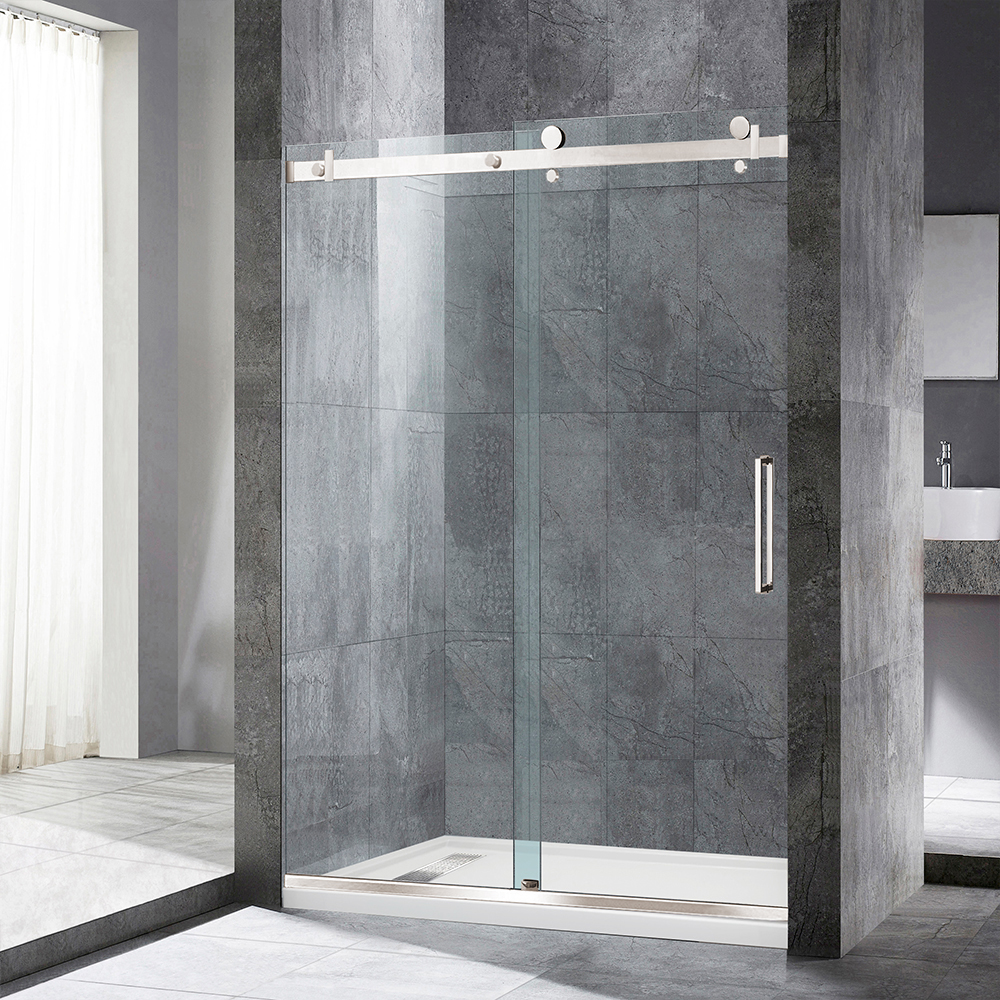 WOODBRIDGE Frameless Single Sliding Shower Doors in Brushed Nickel Finish, 44-48