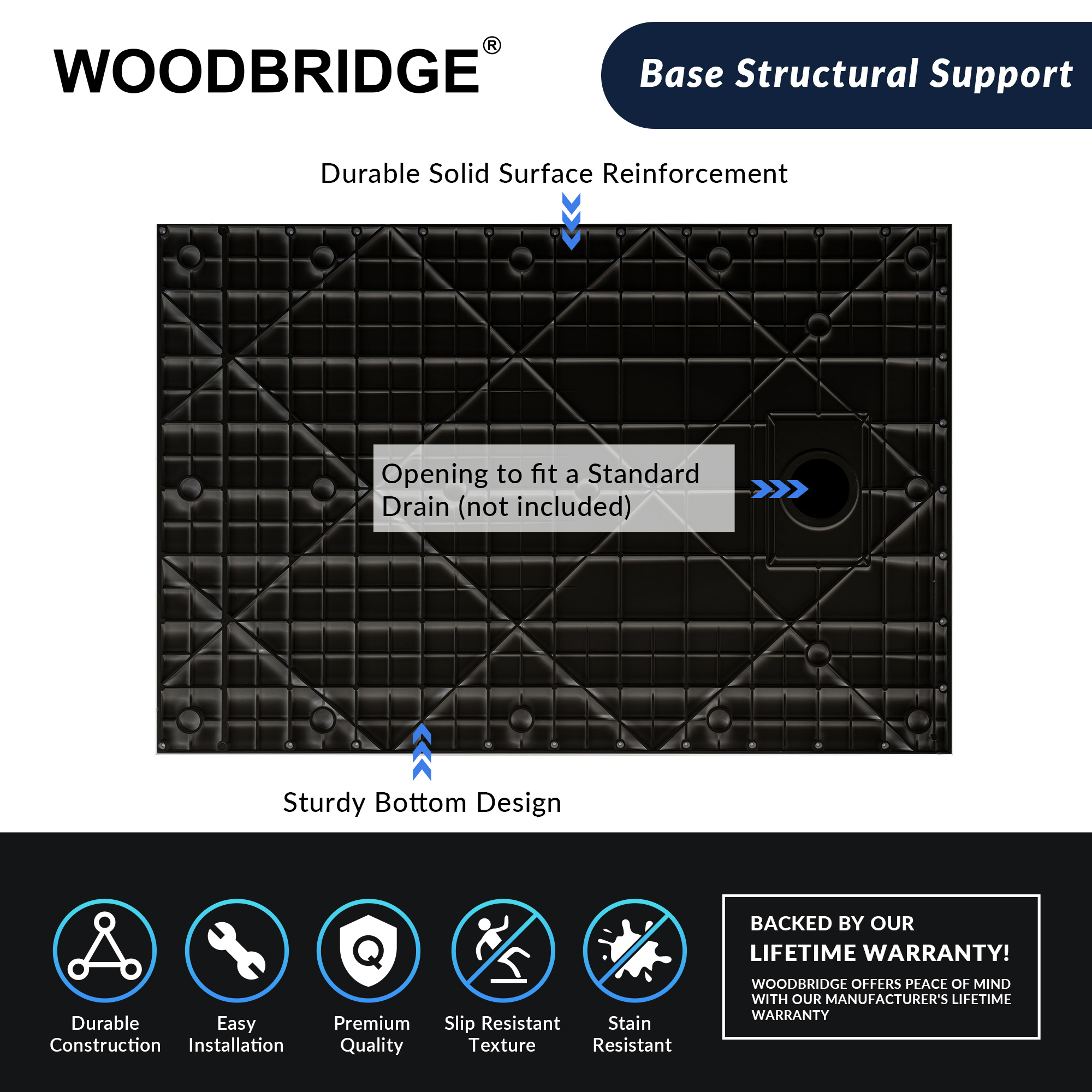  WOODBRIDGE 47.25 in L x 31.5 in W Zero Threshold End Drain Shower Base with Reversible Drain Placement, Matching Decorative Drain Plate and Tile Flange, Wheel Chair Access, Low Profile, Carrara Black_20123