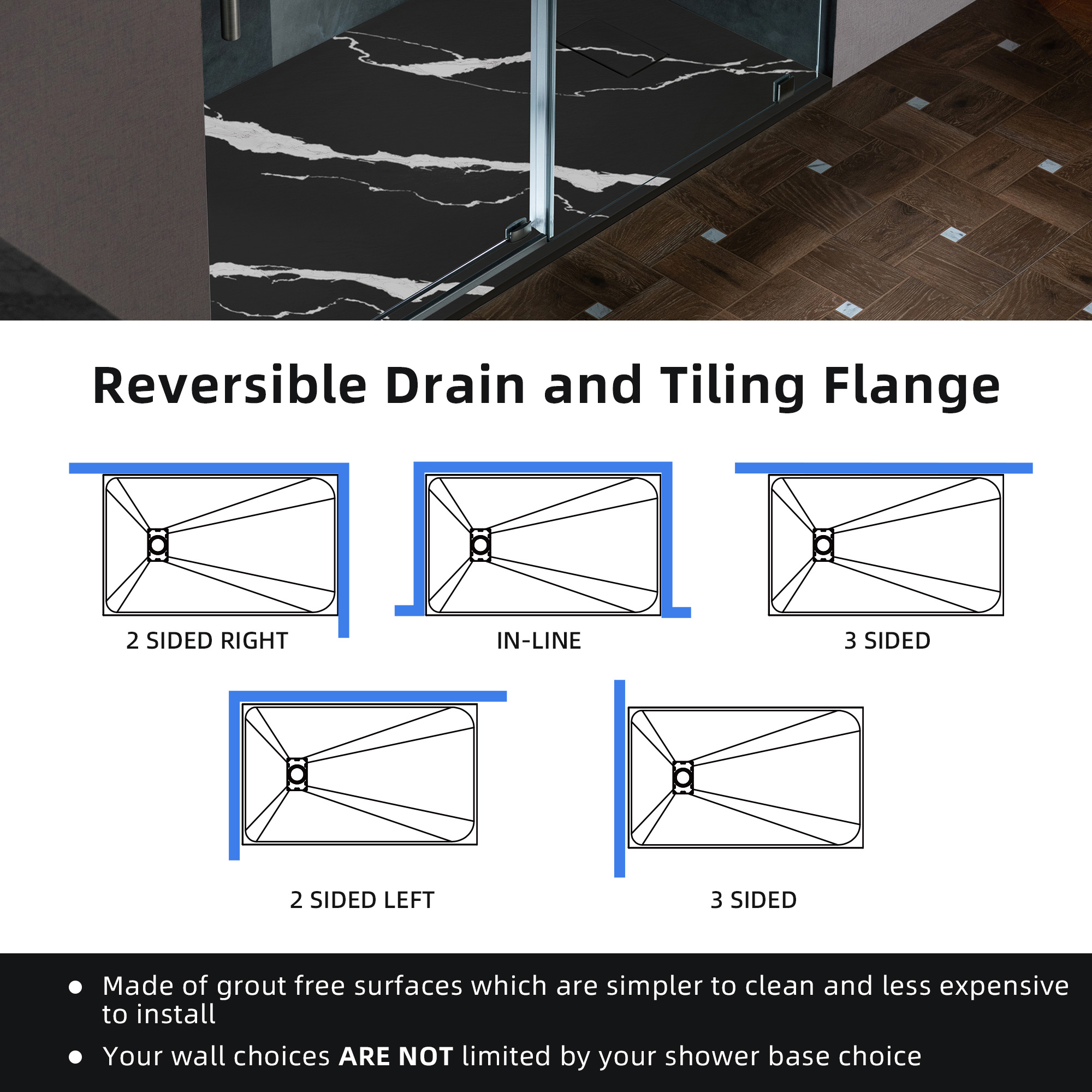  WOODBRIDGE 47.25 in L x 31.5 in W Zero Threshold End Drain Shower Base with Reversible Drain Placement, Matching Decorative Drain Plate and Tile Flange, Wheel Chair Access, Low Profile, Carrara Black_20124