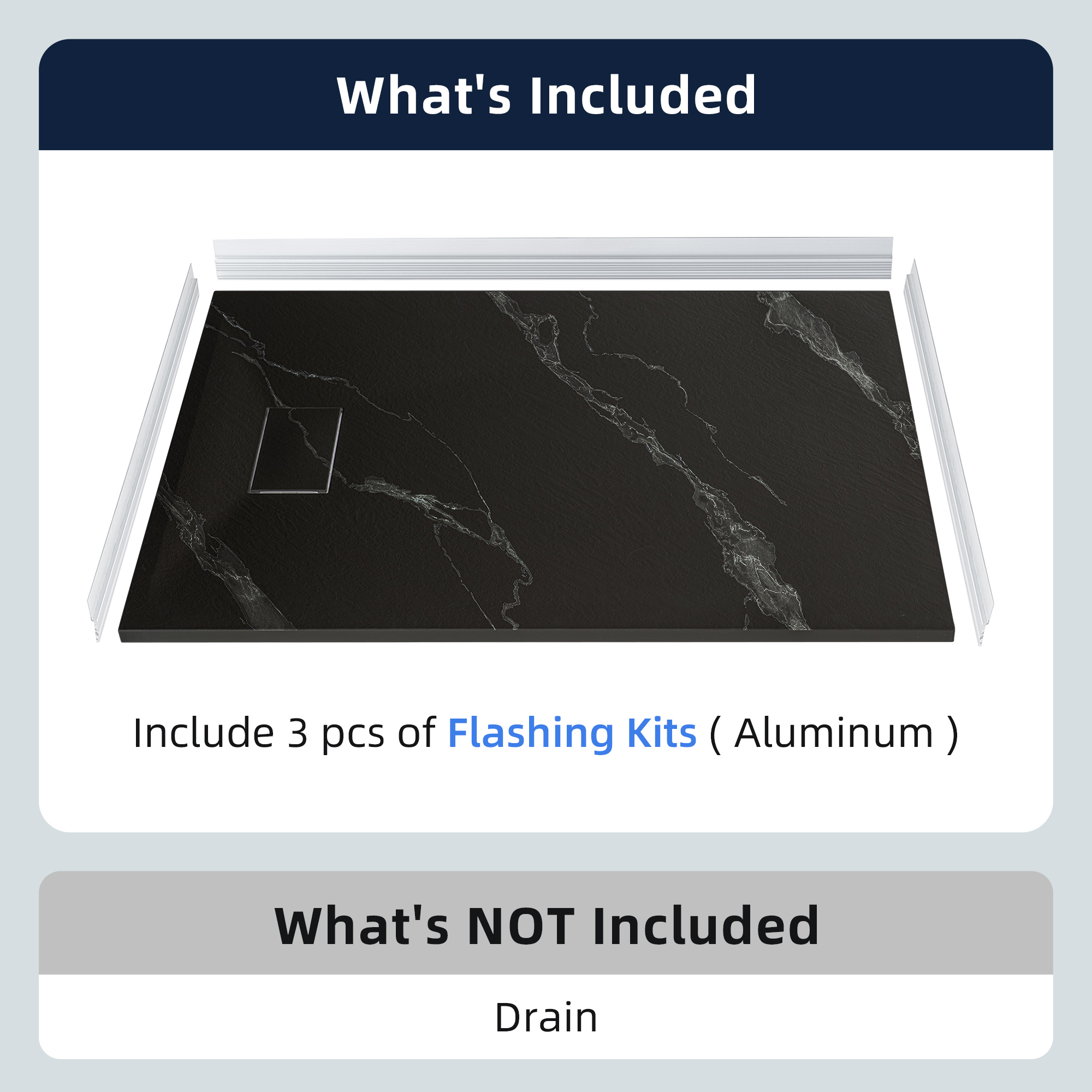  WOODBRIDGE 47.25 in L x 31.5 in W Zero Threshold End Drain Shower Base with Reversible Drain Placement, Matching Decorative Drain Plate and Tile Flange, Wheel Chair Access, Low Profile, Carrara Black_20125