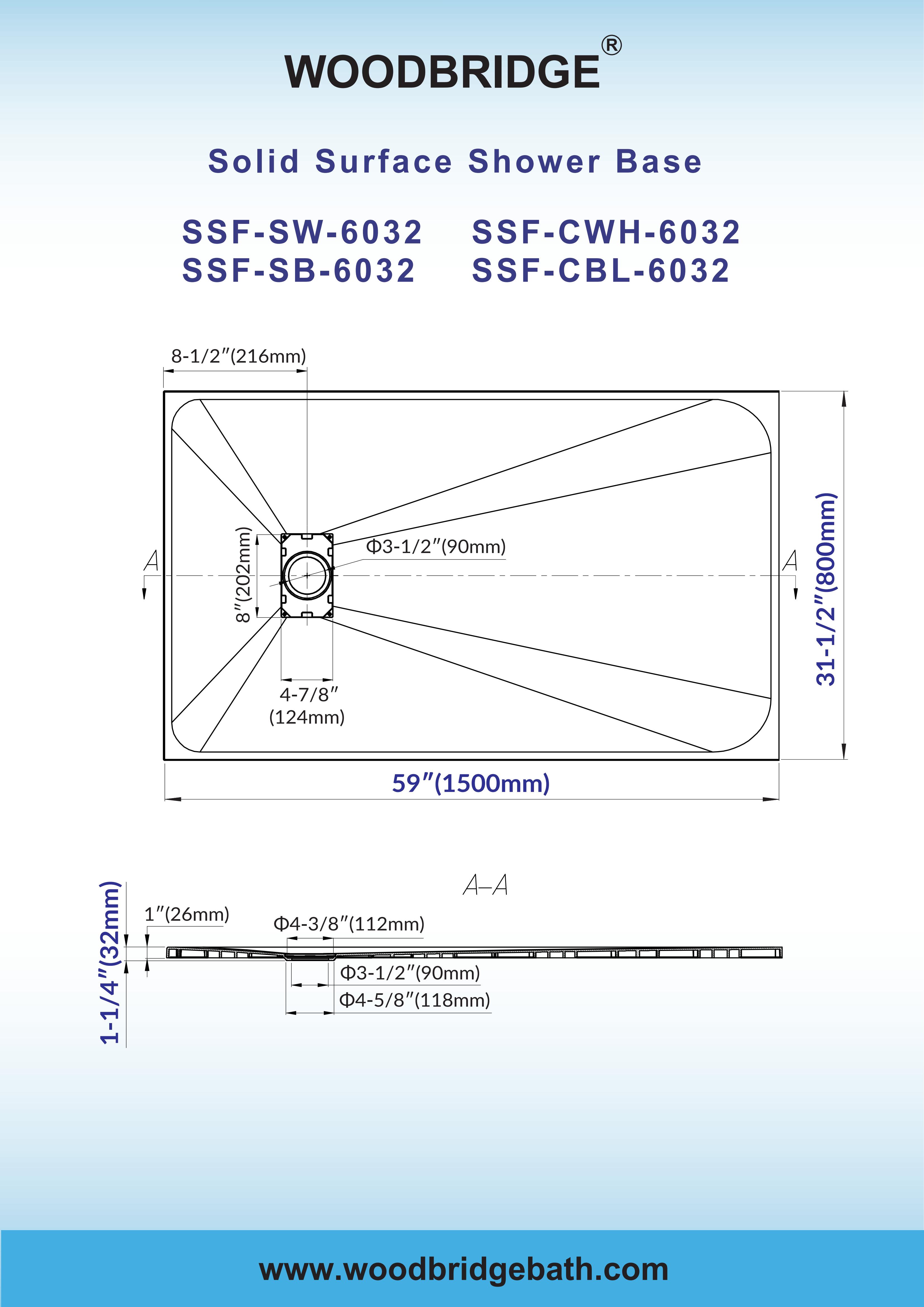  WOODBRIDGE 59 in L x 31.5 in W Zero Threshold End Drain Shower Base with Reversible Drain Placement, Matching Decorative Drain Plate and Tile Flange, Wheel Chair Access, Low Profile, Carrara Black_20139