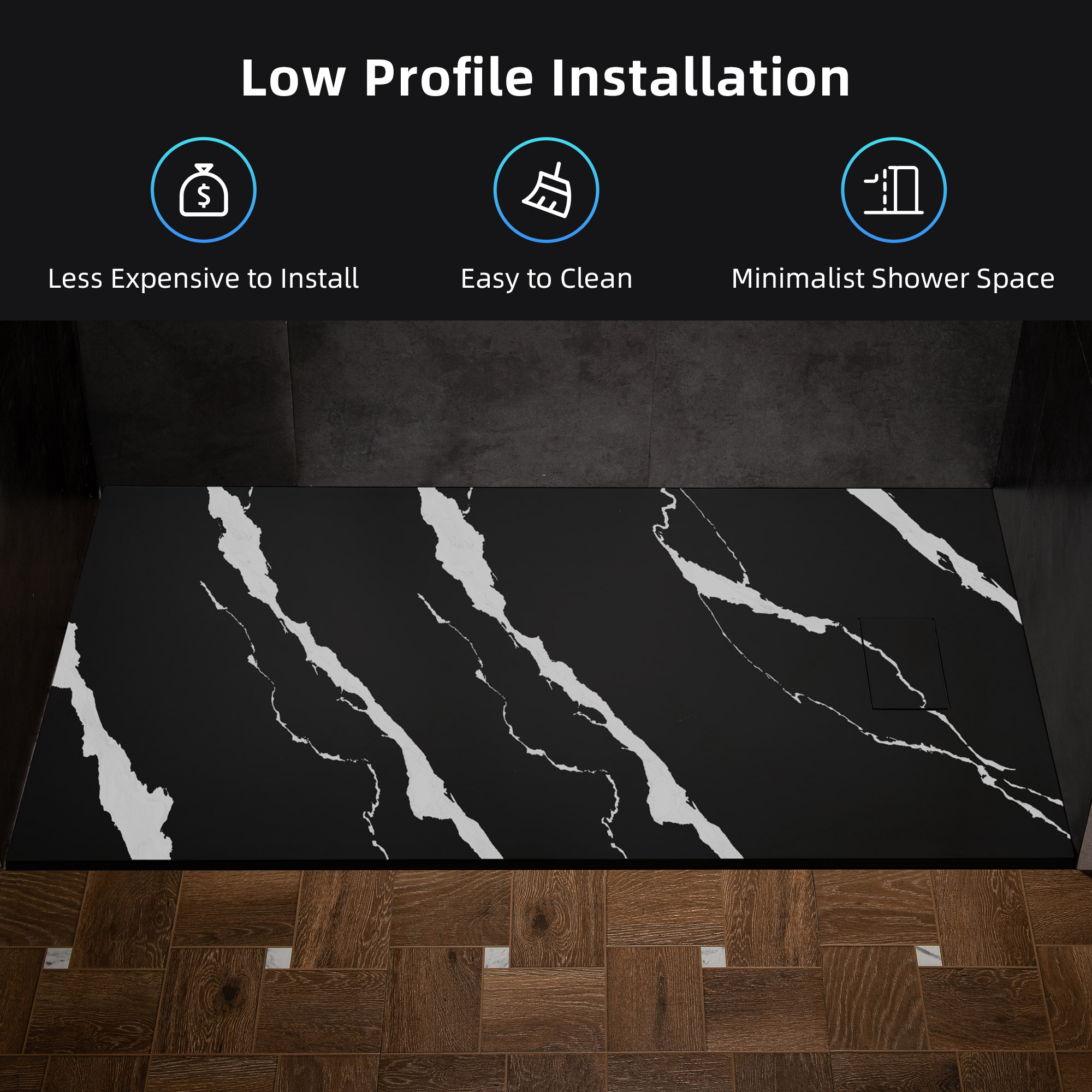  WOODBRIDGE 59 in L x 31.5 in W Zero Threshold End Drain Shower Base with Reversible Drain Placement, Matching Decorative Drain Plate and Tile Flange, Wheel Chair Access, Low Profile, Carrara Black_20140