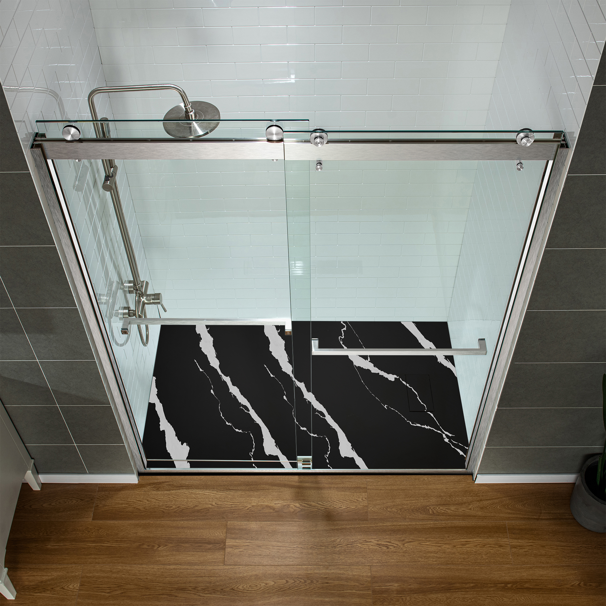  WOODBRIDGE 59 in L x 31.5 in W Zero Threshold End Drain Shower Base with Reversible Drain Placement, Matching Decorative Drain Plate and Tile Flange, Wheel Chair Access, Low Profile, Carrara Black_20150