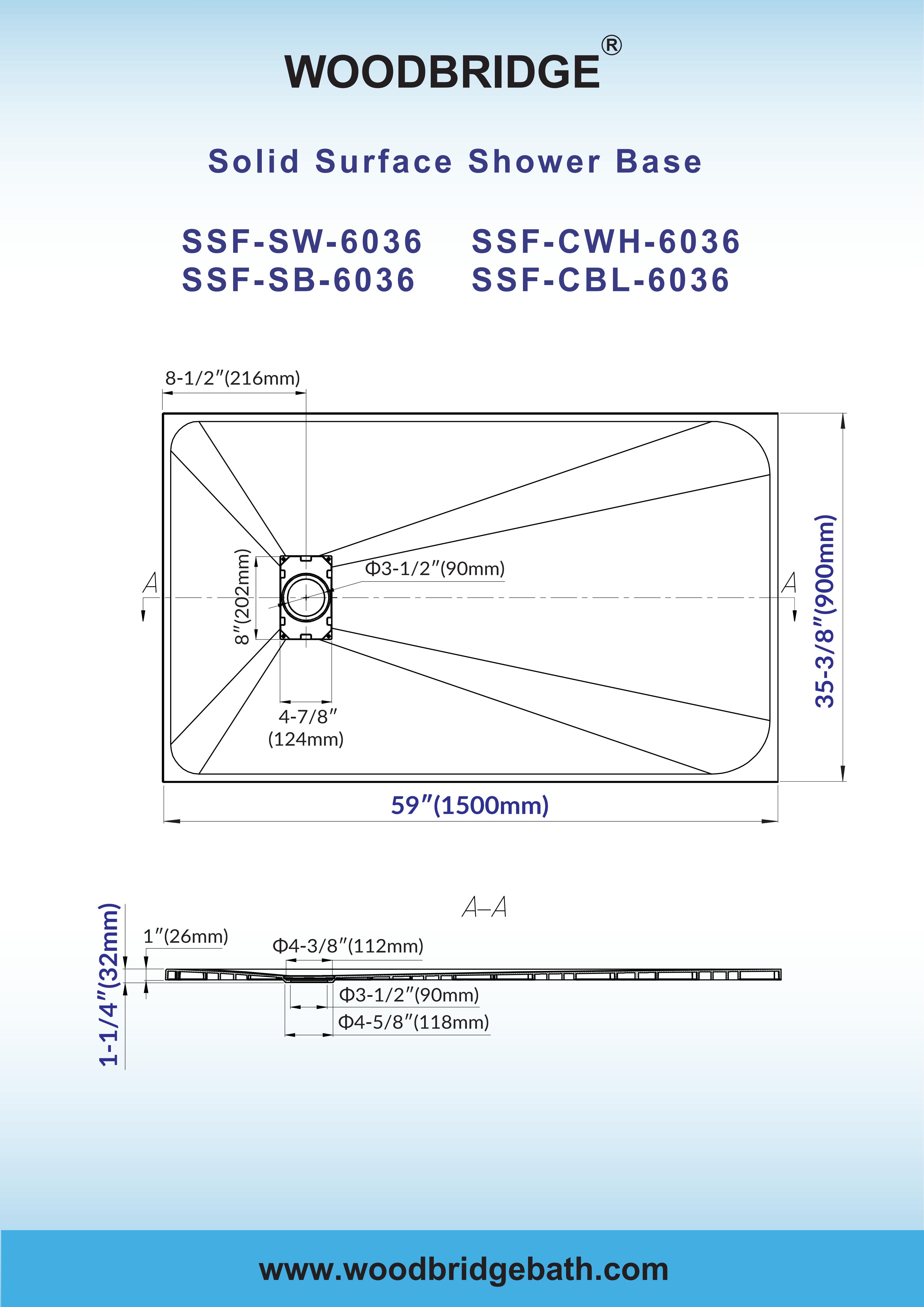  WOODBRIDGE 59 in L x 35.4 in W Zero Threshold End Drain Shower Base with Reversible Drain Placement, Matching Decorative Drain Plate and Tile Flange, Wheel Chair Access, Low Profile, Carrara Black_20177