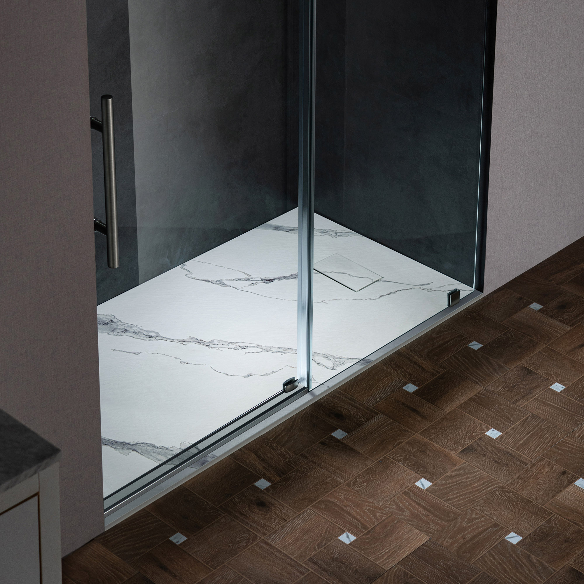  WOODBRIDGE 47.25 in L x 31.5 in W Zero Threshold End Drain Shower Base with Reversible Drain Placement, Matching Decorative Drain Plate and Tile Flange, Wheel Chair Access, Low Profile, Carrara White_20192