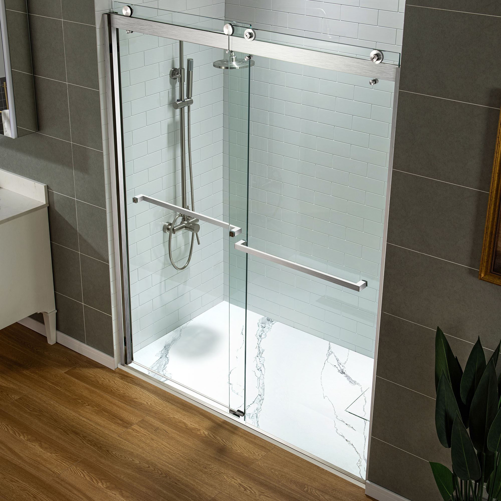  WOODBRIDGE 47.25 in L x 31.5 in W Zero Threshold End Drain Shower Base with Reversible Drain Placement, Matching Decorative Drain Plate and Tile Flange, Wheel Chair Access, Low Profile, Carrara White_20193