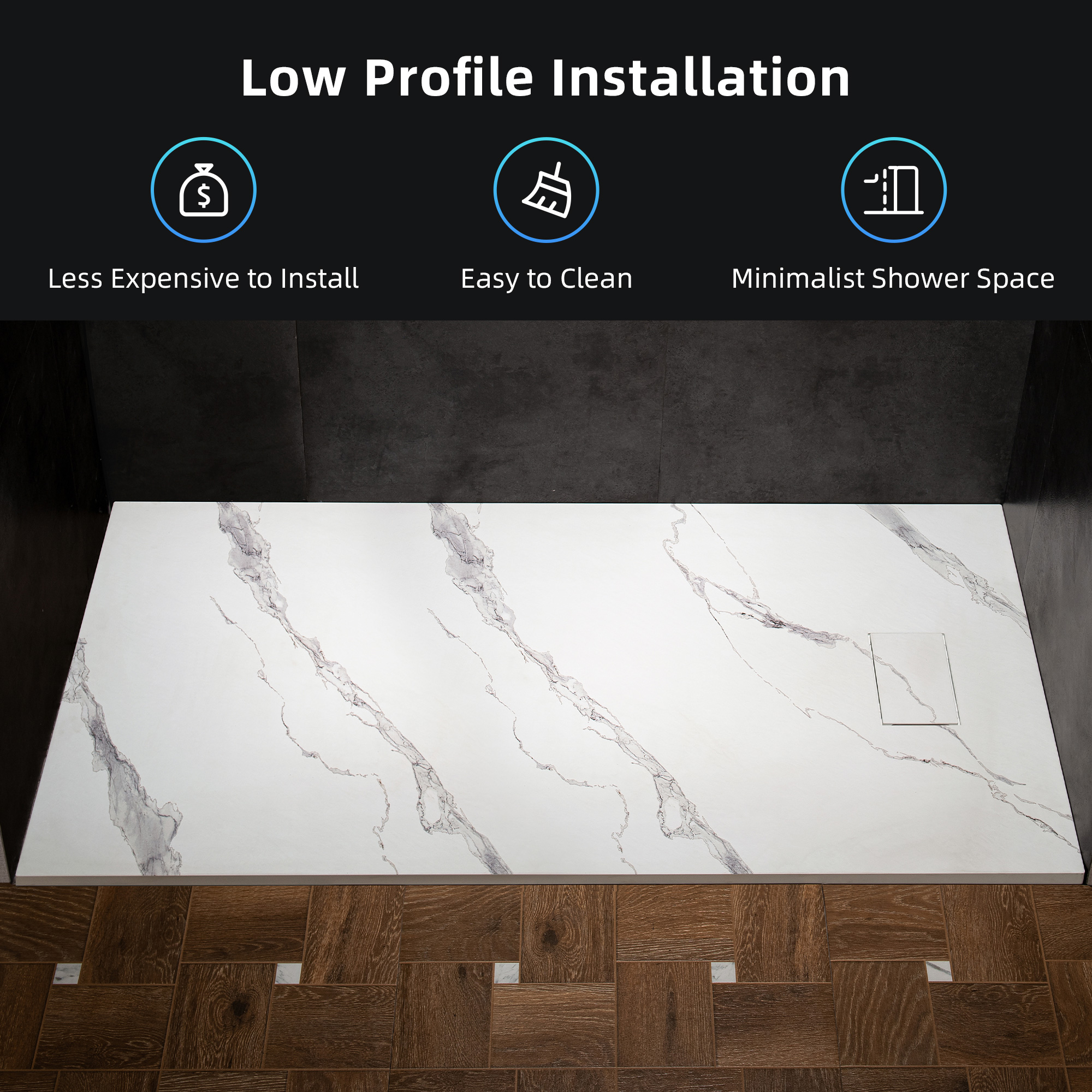  WOODBRIDGE 47.25 in L x 31.5 in W Zero Threshold End Drain Shower Base with Reversible Drain Placement, Matching Decorative Drain Plate and Tile Flange, Wheel Chair Access, Low Profile, Carrara White_20196