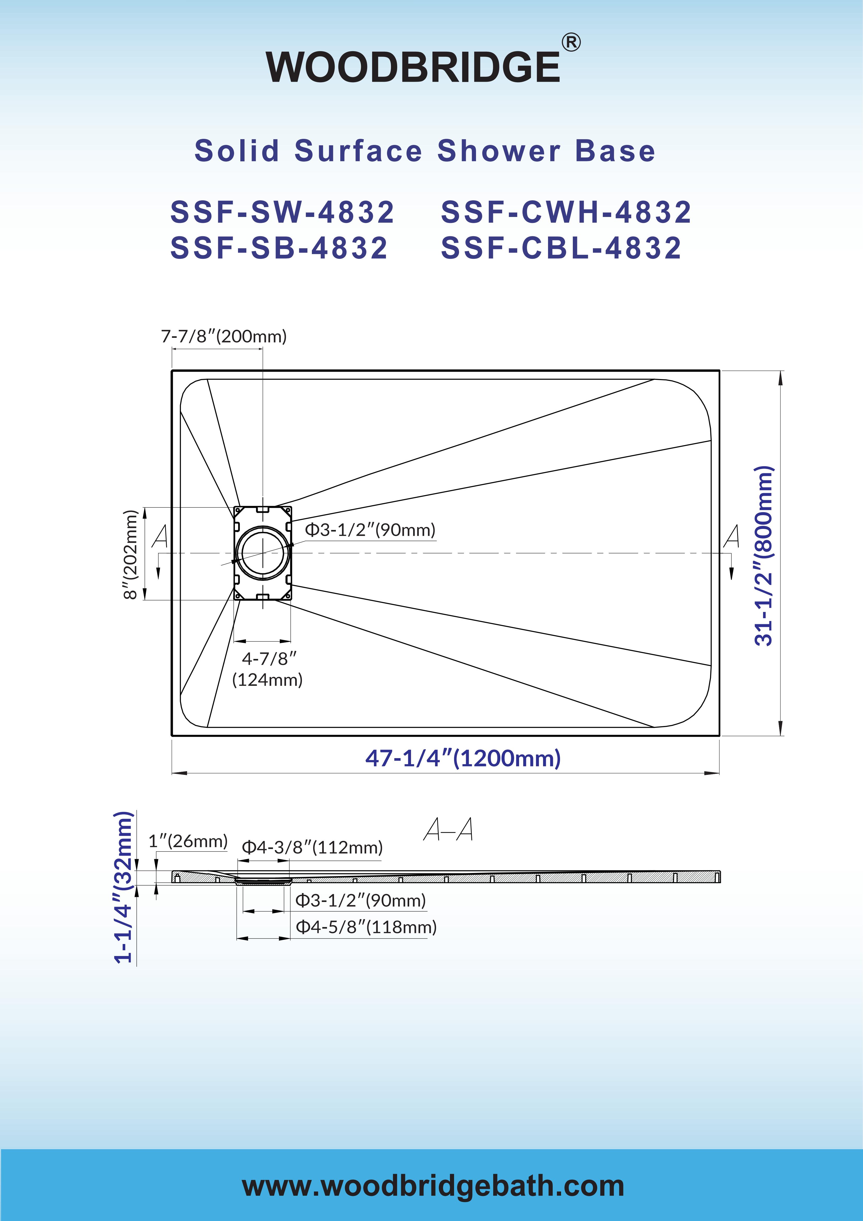  WOODBRIDGE 47.25 in L x 31.5 in W Zero Threshold End Drain Shower Base with Reversible Drain Placement, Matching Decorative Drain Plate and Tile Flange, Wheel Chair Access, Low Profile, Carrara White_20197