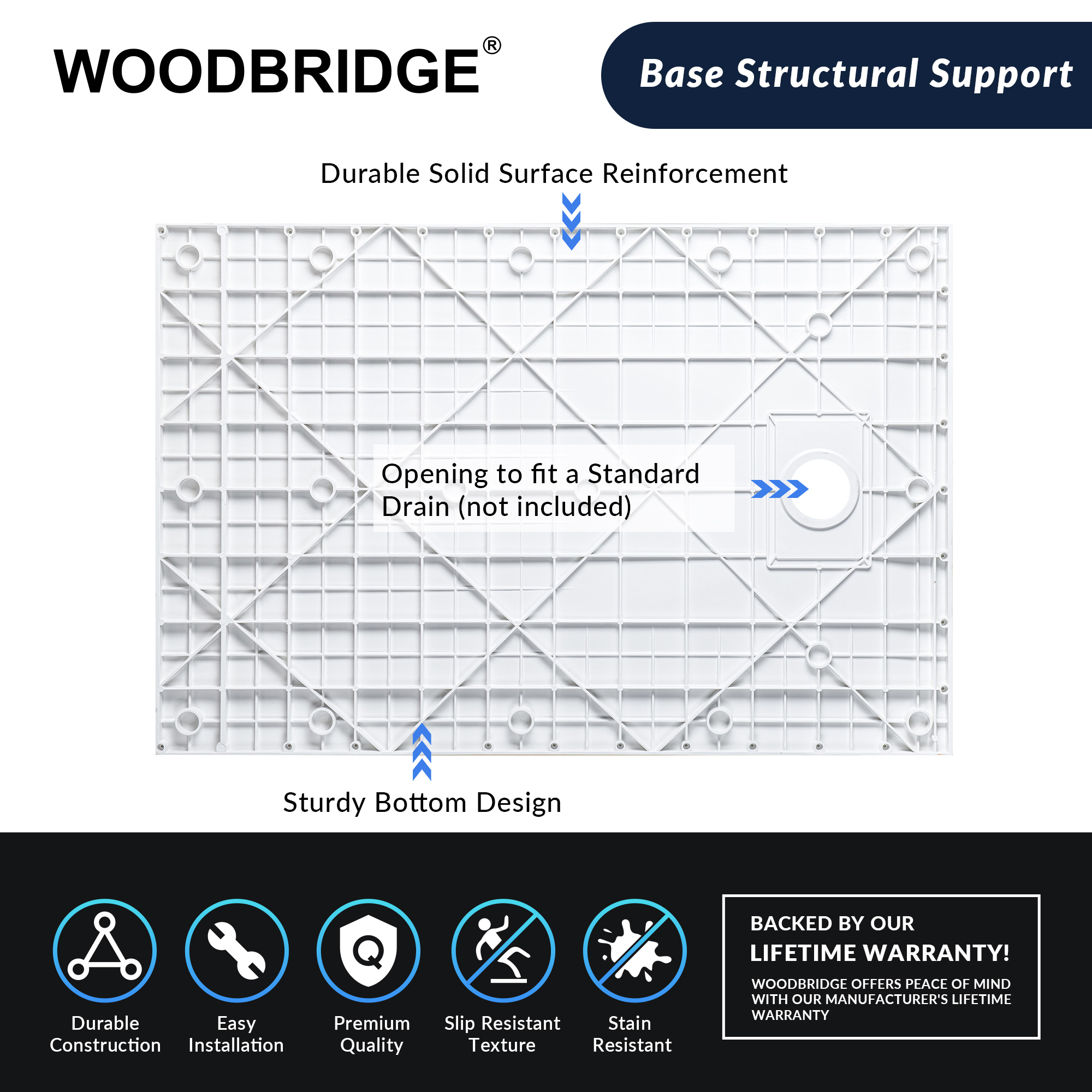  WOODBRIDGE 47.25 in L x 31.5 in W Zero Threshold End Drain Shower Base with Reversible Drain Placement, Matching Decorative Drain Plate and Tile Flange, Wheel Chair Access, Low Profile, Carrara White_20199