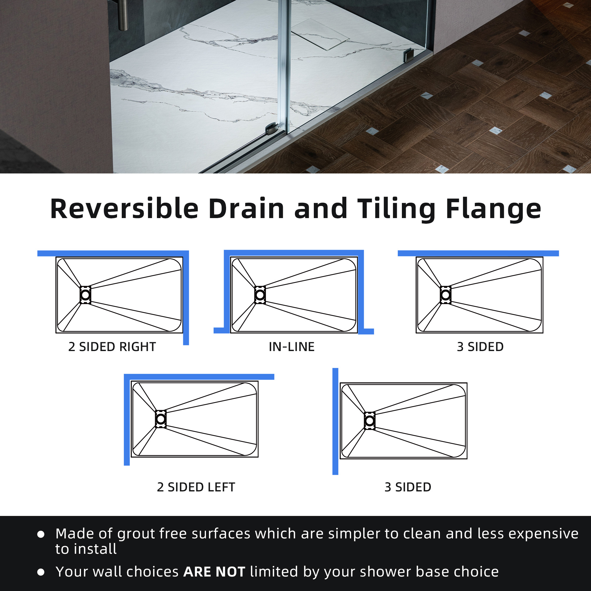  WOODBRIDGE 47.25 in L x 31.5 in W Zero Threshold End Drain Shower Base with Reversible Drain Placement, Matching Decorative Drain Plate and Tile Flange, Wheel Chair Access, Low Profile, Carrara White_20200