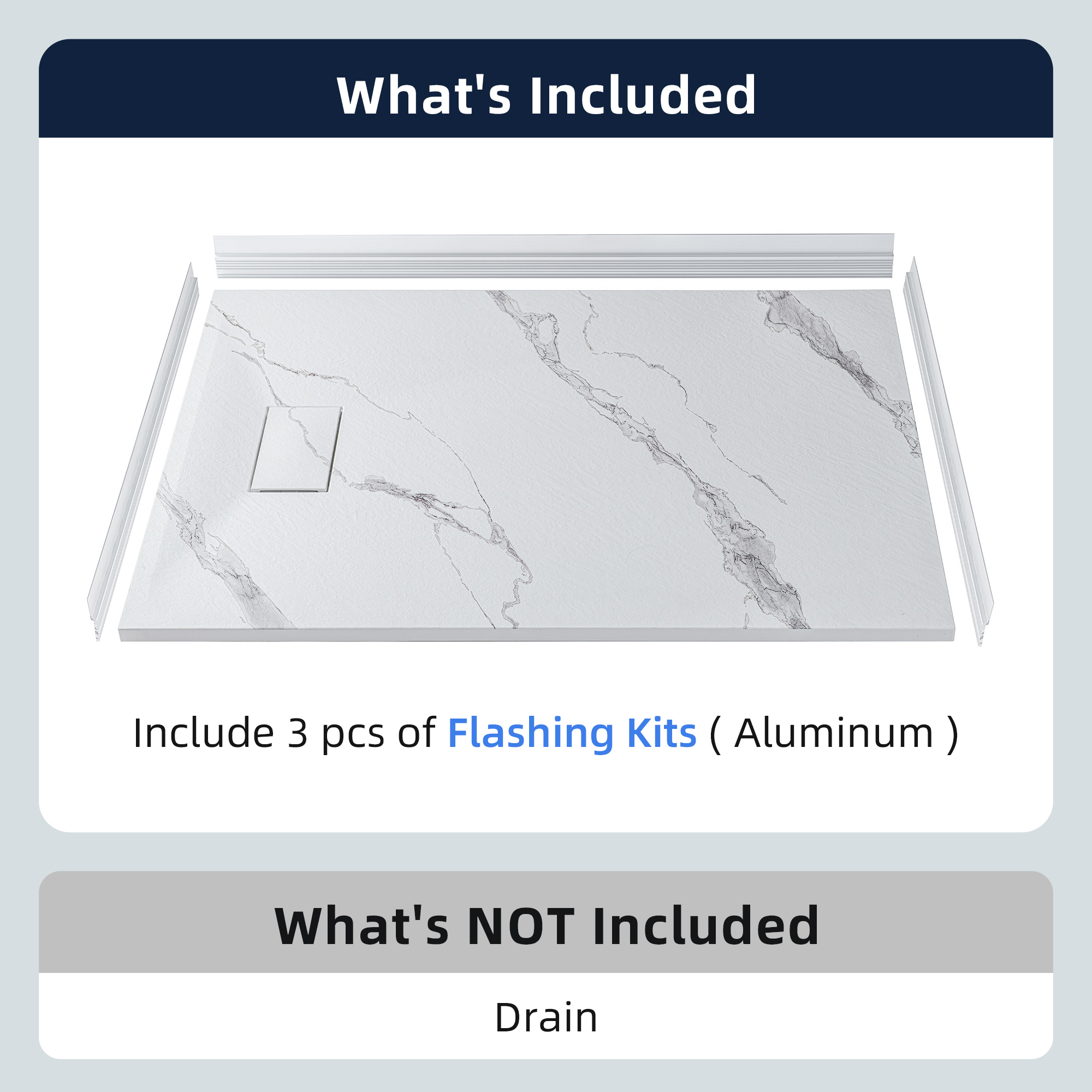  WOODBRIDGE 47.25 in L x 31.5 in W Zero Threshold End Drain Shower Base with Reversible Drain Placement, Matching Decorative Drain Plate and Tile Flange, Wheel Chair Access, Low Profile, Carrara White_20201