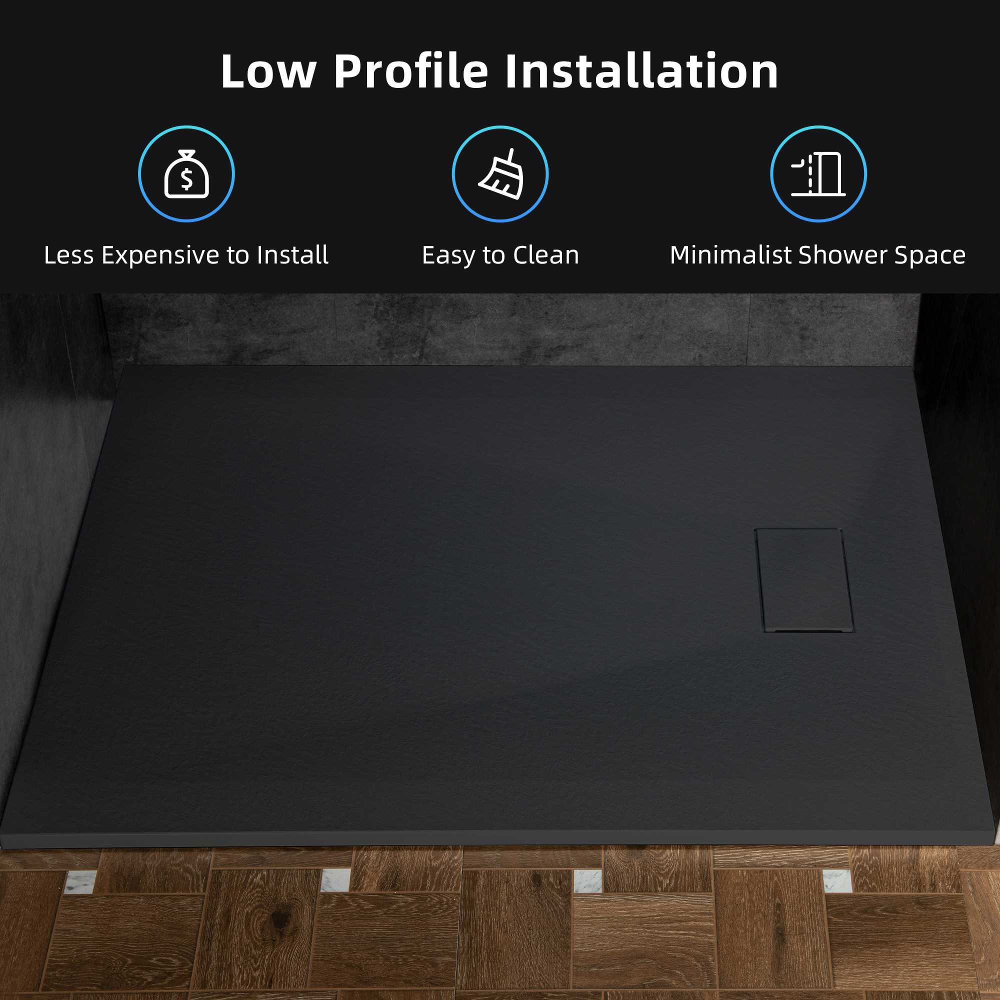  WOODBRIDGE 59 in L x 31.5 in W Zero Threshold End Drain Shower Base with Reversible Drain Placement, Matching Decorative Drain Plate and Tile Flange, Wheel Chair Access, Low Profile, Black_20296