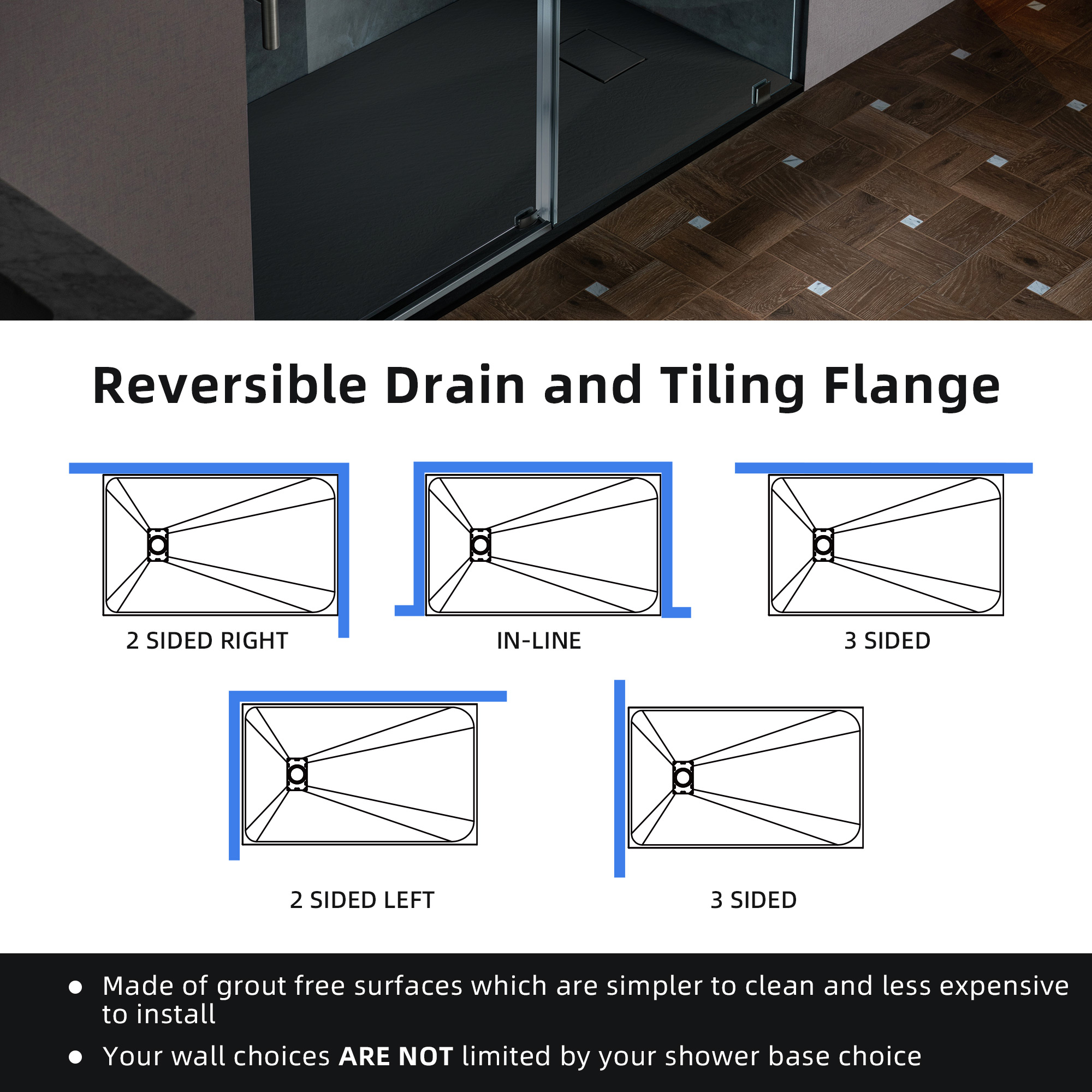  WOODBRIDGE 47.25 in L x 35.4 in W Zero Threshold End Drain Shower Base with Reversible Drain Placement, Matching Decorative Drain Plate and Tile Flange, Wheel Chair Access, Low Profile, Black_20318