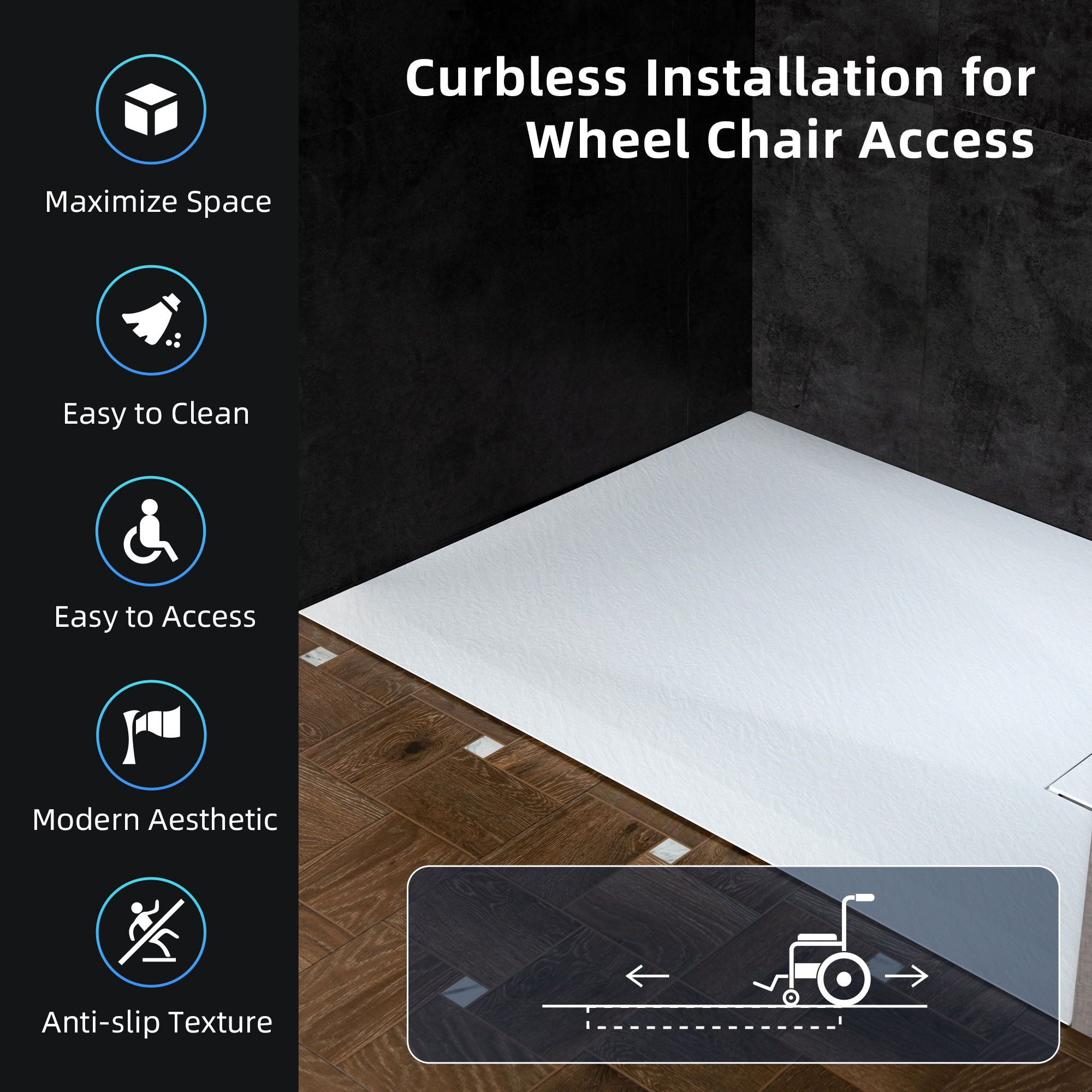  WOODBRIDGE 47.25 in L x 31.5 in W Zero Threshold End Drain Shower Base with Reversible Drain Placement, Matching Decorative Drain Plate and Tile Flange, Wheel Chair Access, Low Profile, White_20351