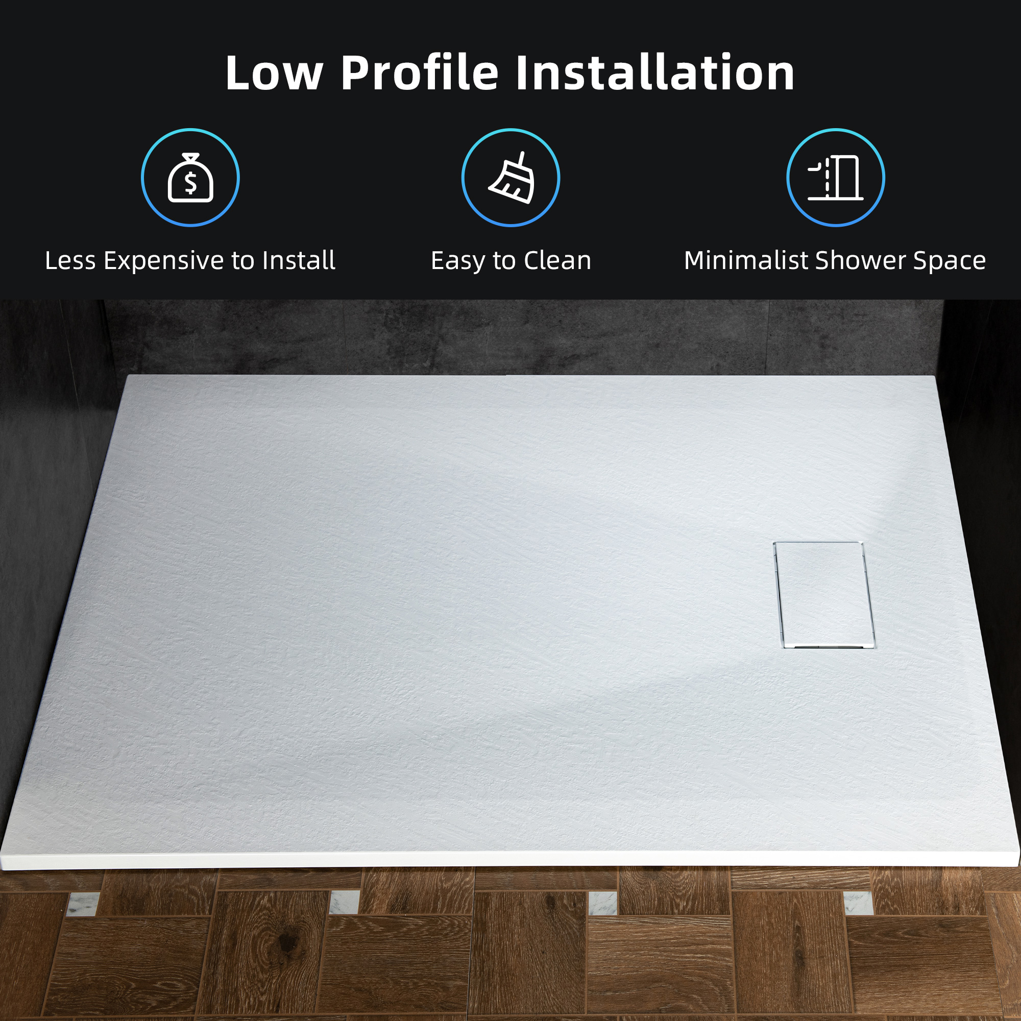  WOODBRIDGE 47.25 in L x 31.5 in W Zero Threshold End Drain Shower Base with Reversible Drain Placement, Matching Decorative Drain Plate and Tile Flange, Wheel Chair Access, Low Profile, White_20354