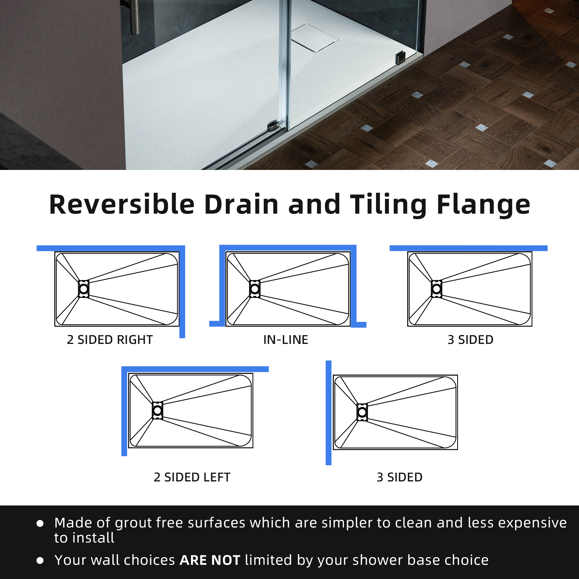  WOODBRIDGE 47.25 in L x 31.5 in W Zero Threshold End Drain Shower Base with Reversible Drain Placement, Matching Decorative Drain Plate and Tile Flange, Wheel Chair Access, Low Profile, White_20357