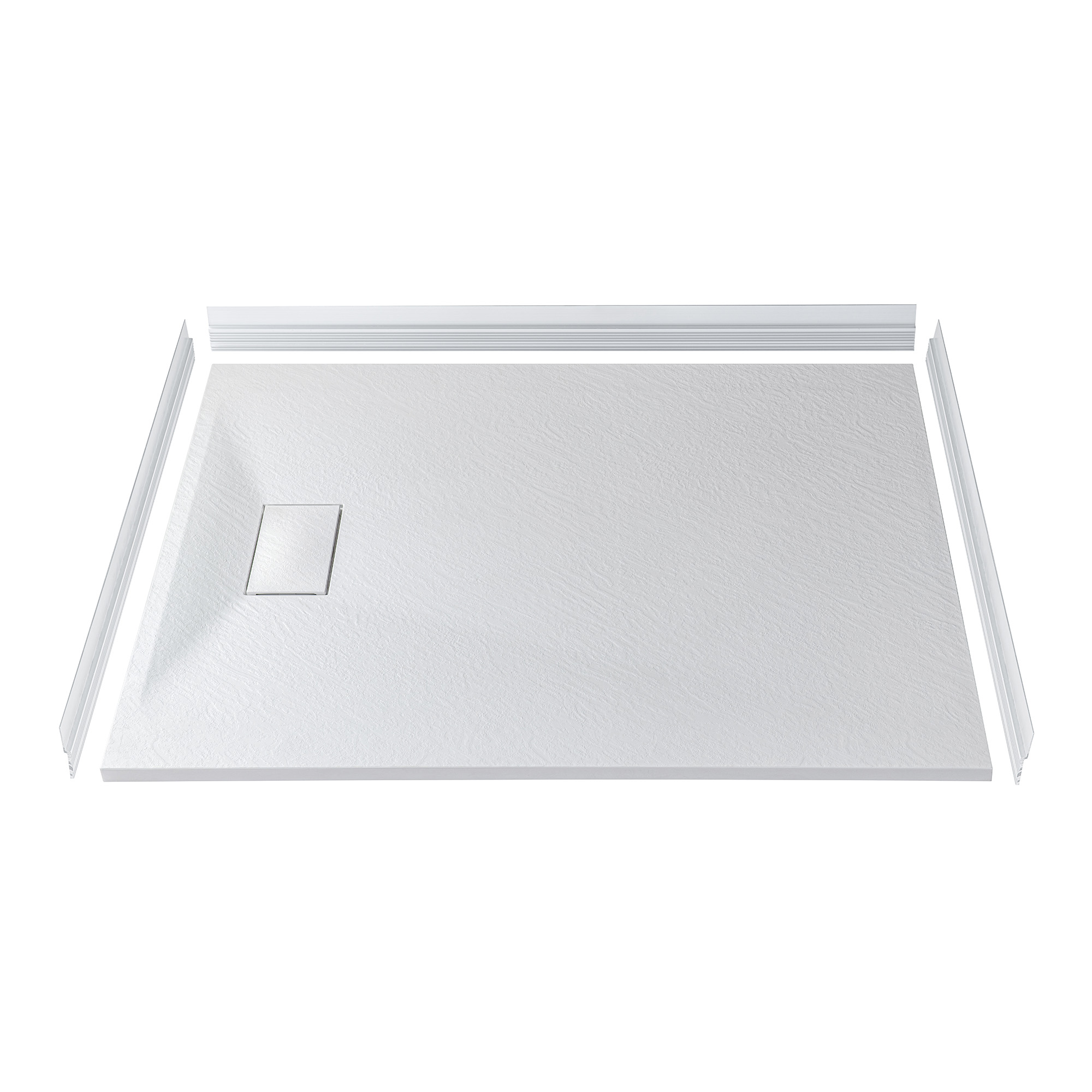  WOODBRIDGE 47.25 in L x 31.5 in W Zero Threshold End Drain Shower Base with Reversible Drain Placement, Matching Decorative Drain Plate and Tile Flange, Wheel Chair Access, Low Profile, White_20368