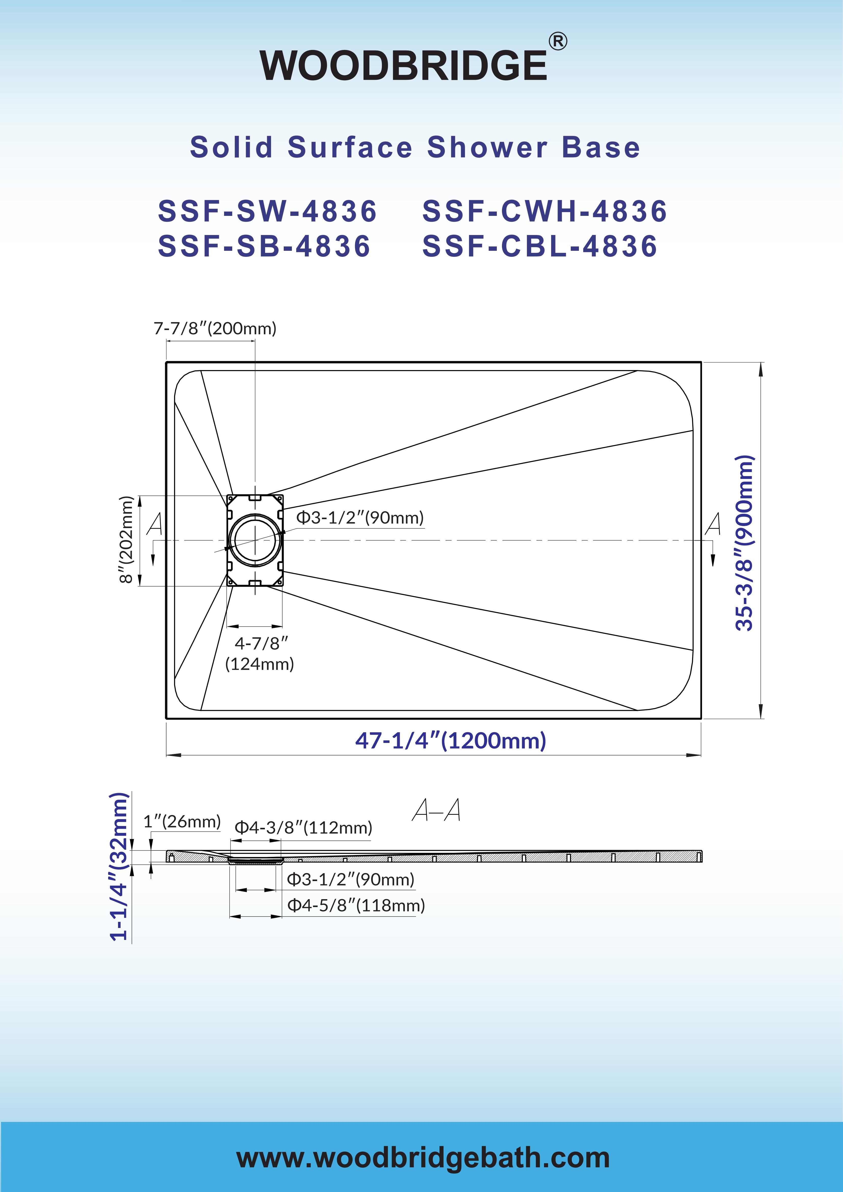  WOODBRIDGE 47.25 in L x 35.4 in W Zero Threshold End Drain Shower Base with Reversible Drain Placement, Matching Decorative Drain Plate and Tile Flange, Wheel Chair Access, Low Profile, White_20395