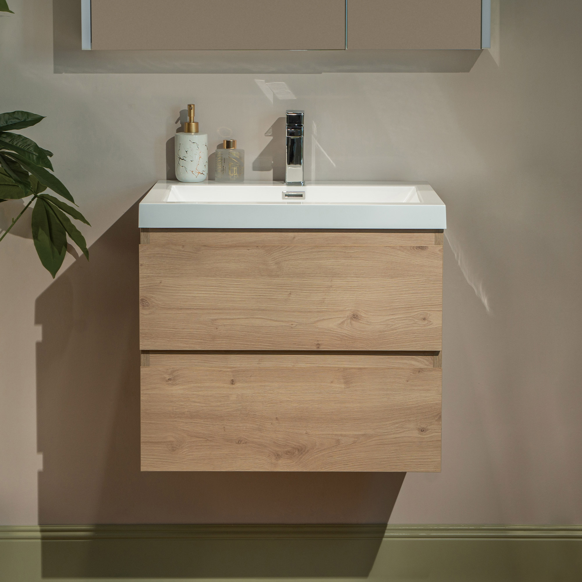 WOODBRIDGE 23-5/8 in. W x 19-5/8 in. D Wall Mounted Floating Vanity in Natural Oak with Resin Composite Vanity Top in Glossy White