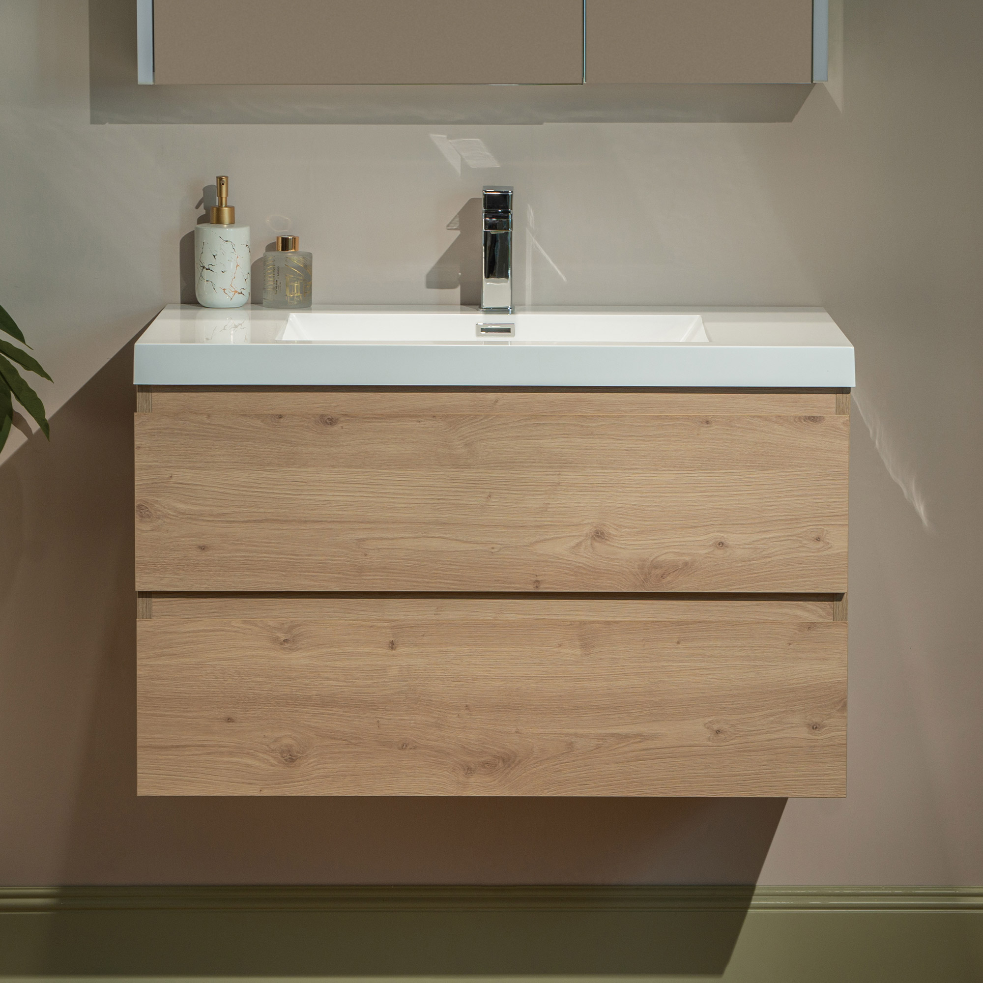 WOODBRIDGE 35-3/8 in. W x 19-5/8 in. D Wall Mounted Floating Vanity in Natural Oak with Resin Composite Vanity Top in Glossy White