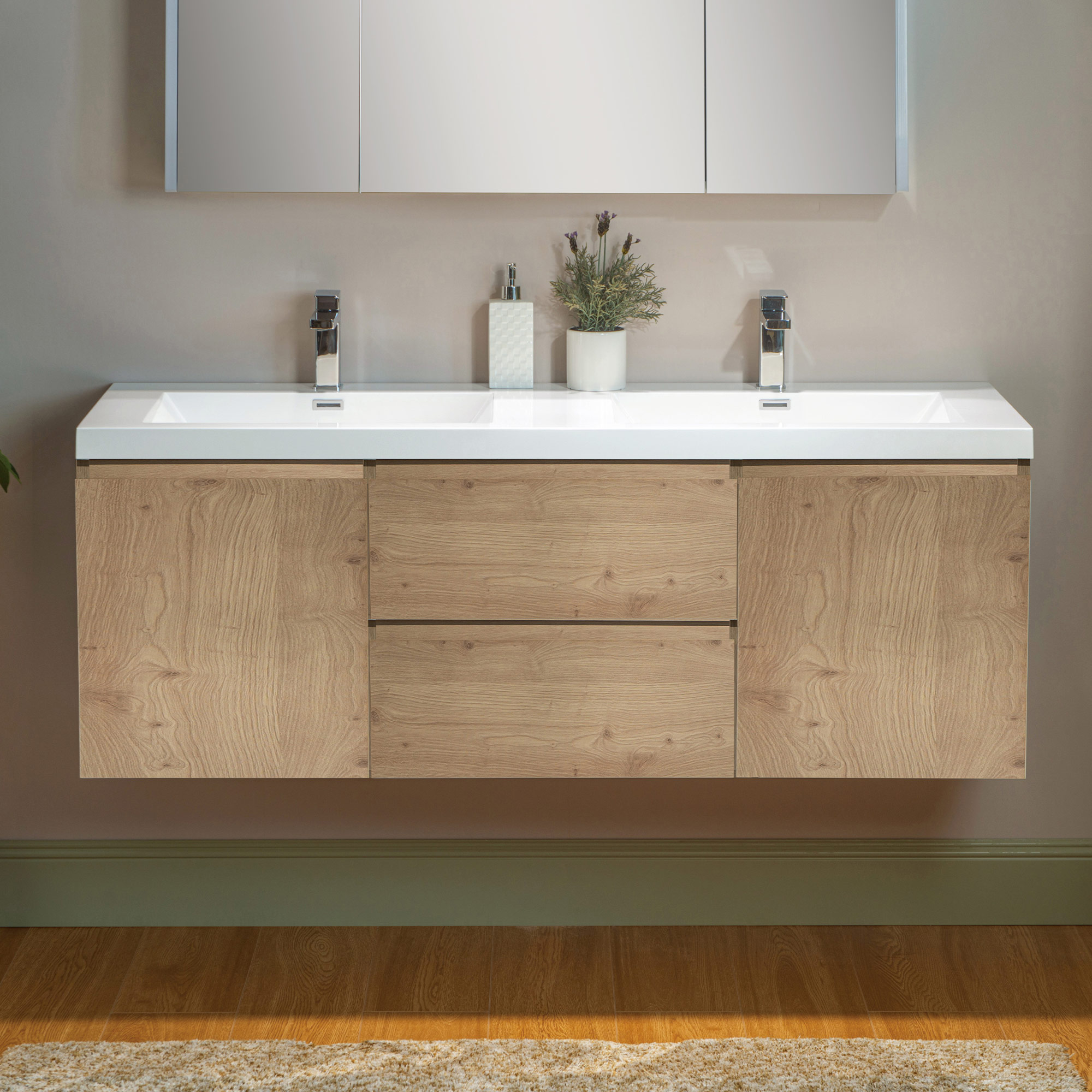 WOODBRIDGE 59 in. W x 19-5/8 in. D Wall Mounted Floating Vanity in Natural Oak with Resin Composite Vanity Top in Glossy White