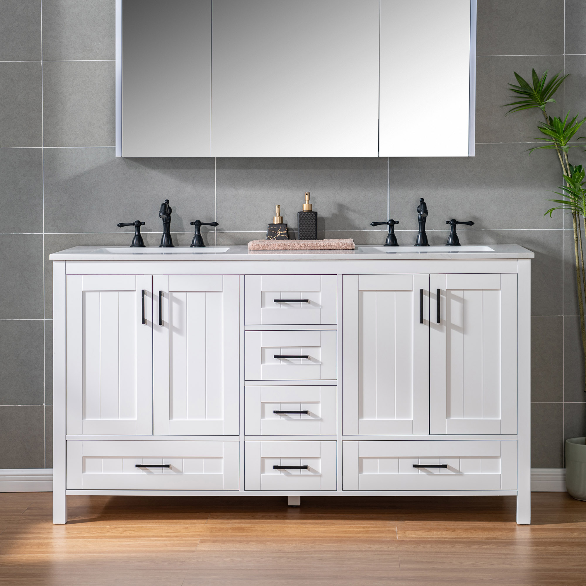  WOODBRIDGE 59-7/8″ Floor Mounted Freestanding Double Basin Vanity Set with Rubberwood Cabinet and Stone Vanity Top with Pre-installed Undermount Rectangle Bathroom Sink, Pre-Drilled 3-hole for 8-inch Widespread Faucet, DOVER-60-D-WH_20520