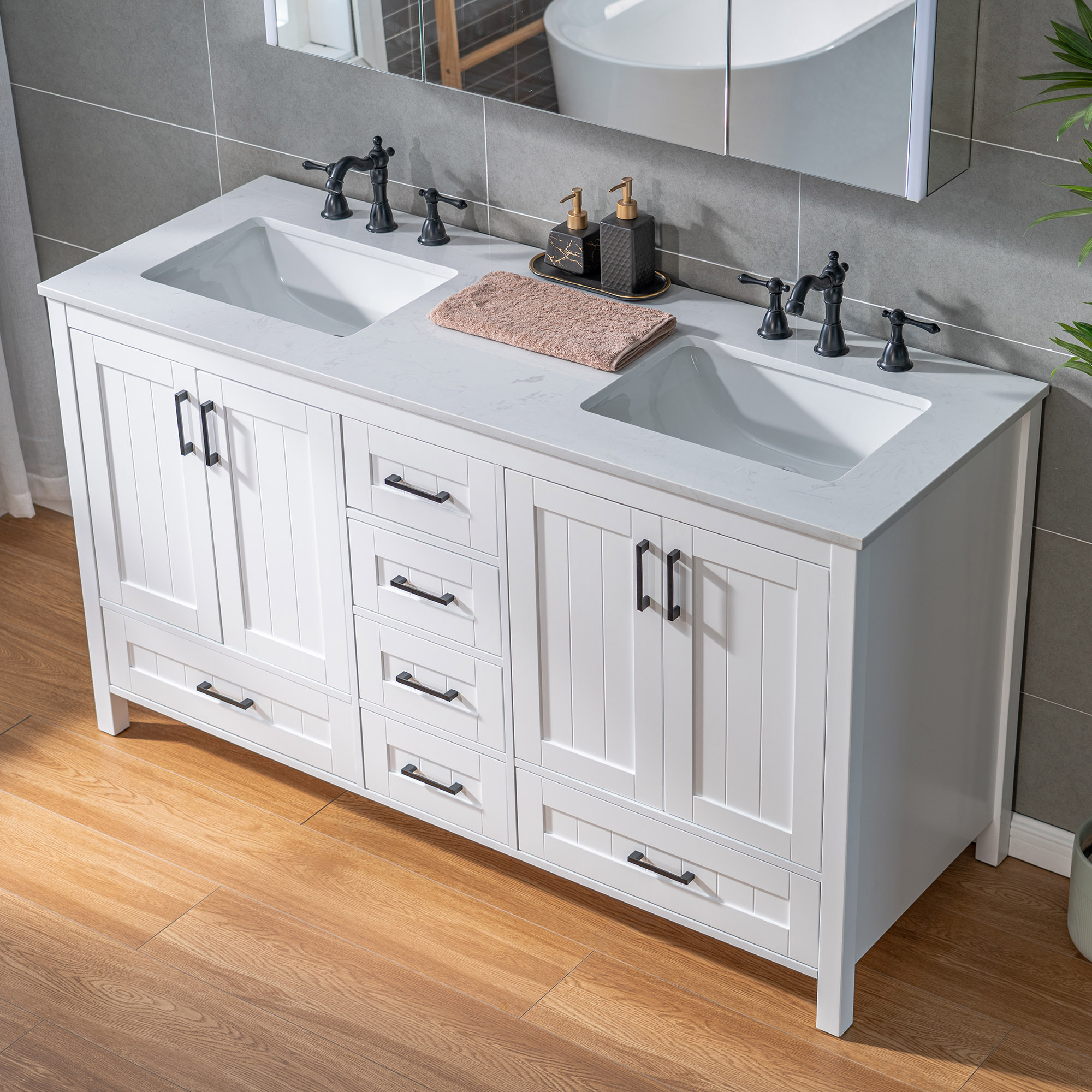  WOODBRIDGE 59-7/8″ Floor Mounted Freestanding Double Basin Vanity Set with Rubberwood Cabinet and Stone Vanity Top with Pre-installed Undermount Rectangle Bathroom Sink, Pre-Drilled 3-hole for 8-inch Widespread Faucet, DOVER-60-D-WH_20522