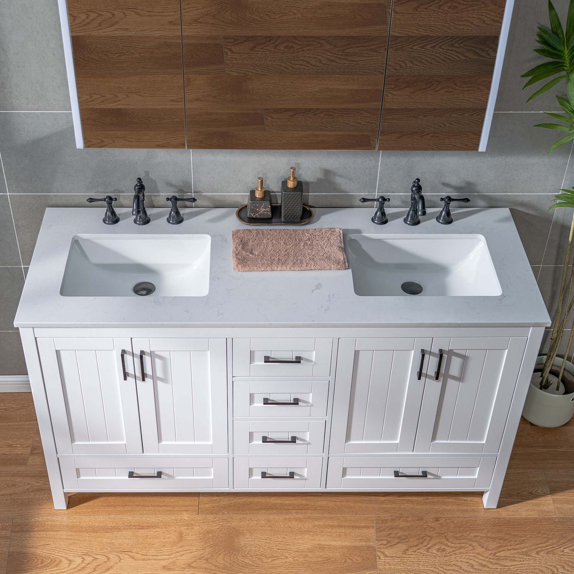  WOODBRIDGE 59-7/8″ Floor Mounted Freestanding Double Basin Vanity Set with Rubberwood Cabinet and Stone Vanity Top with Pre-installed Undermount Rectangle Bathroom Sink, Pre-Drilled 3-hole for 8-inch Widespread Faucet, DOVER-60-D-WH_20524