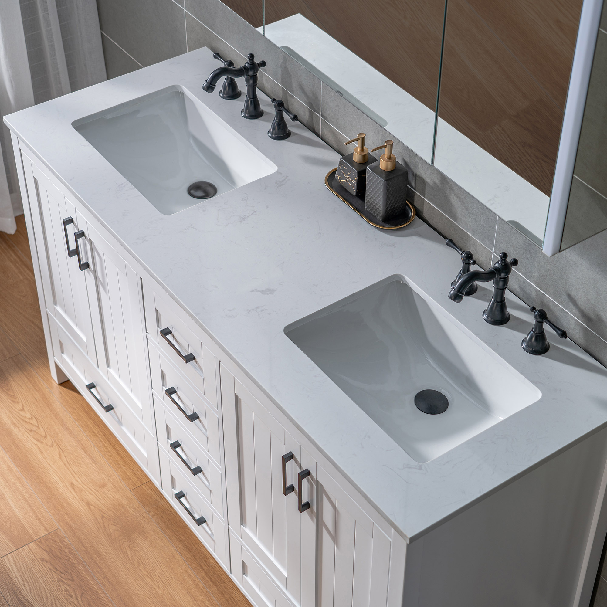  WOODBRIDGE 59-7/8″ Floor Mounted Freestanding Double Basin Vanity Set with Rubberwood Cabinet and Stone Vanity Top with Pre-installed Undermount Rectangle Bathroom Sink, Pre-Drilled 3-hole for 8-inch Widespread Faucet, DOVER-60-D-WH_20525