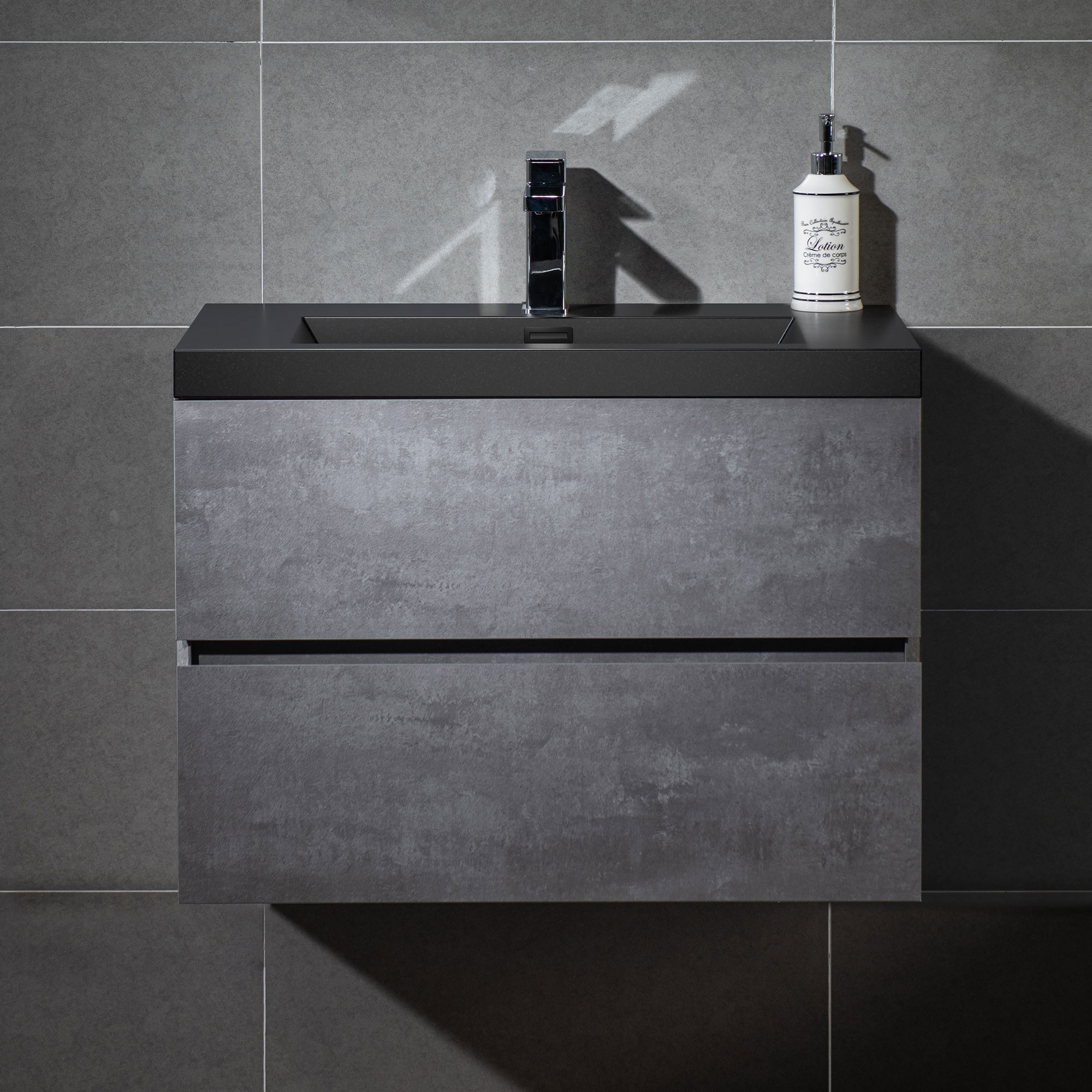 WOODBRIDGE 29-1/2 in. W x 19-5/8 in. D Wall Mounted Floating Bathroom Vanity in Gray with Quartz Sand Composite Vanity Top in Matte Black