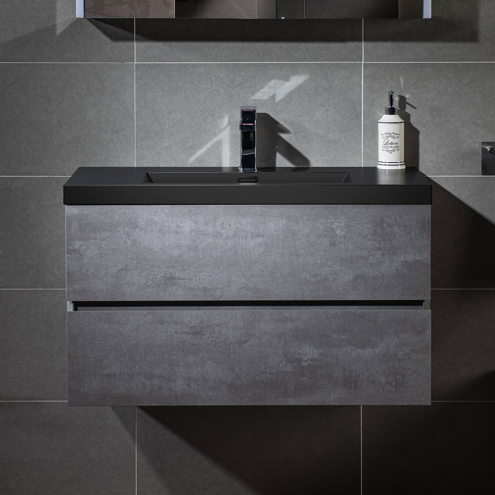 WOODBRIDGE 35-3/8 in. W x 19-5/8 in. D Wall Mounted Floating Bathroom Vanity in Gray with Quartz Sand Composite Vanity Top in Matte Black