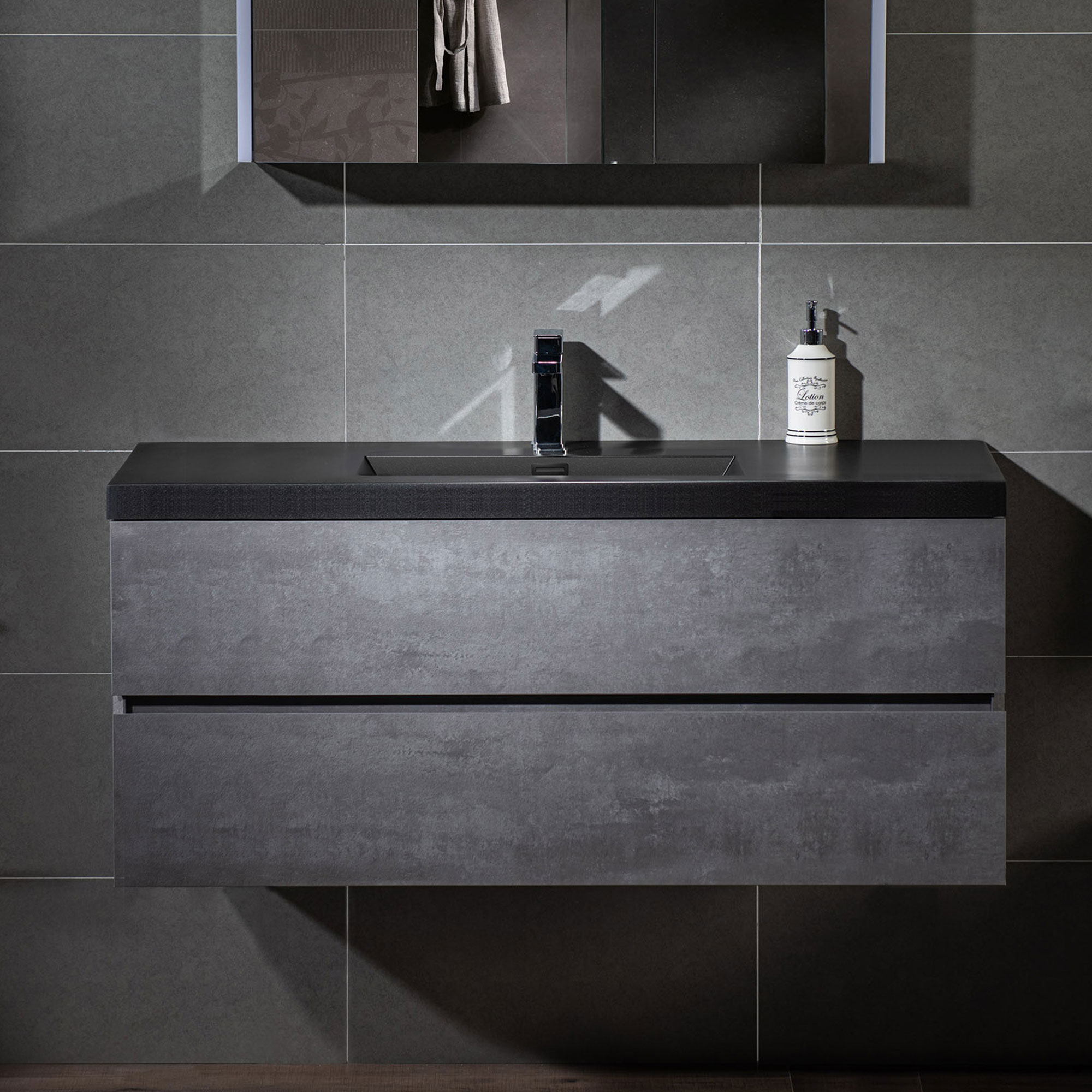 WOODBRIDGE 47-1/4 in. W x 19-5/8 in. D Wall Mounted Floating Bathroom Vanity in Gray with Quartz Sand Composite Vanity Top in Matte Black