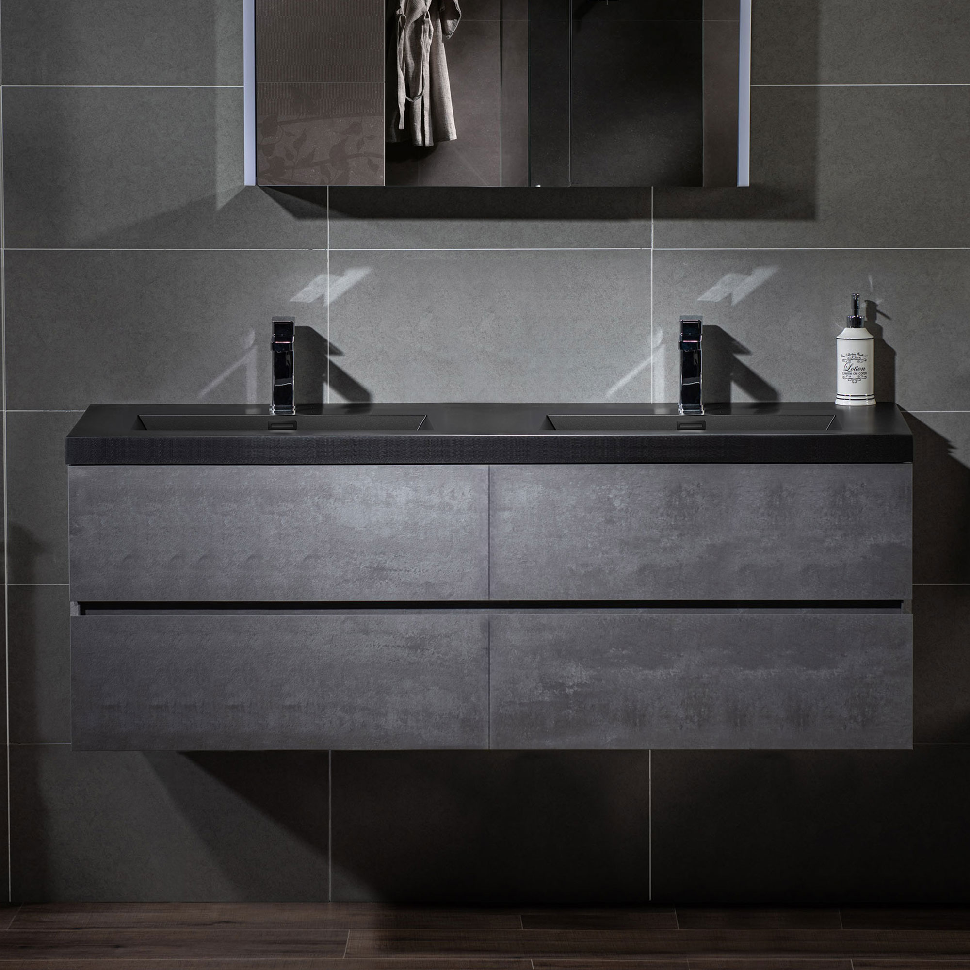 WOODBRIDGE 59 in. W x 19-5/8 in. D Wall Mounted Floating Bathroom Vanity in Gray with Quartz Sand Composite Vanity Top in Matte Black