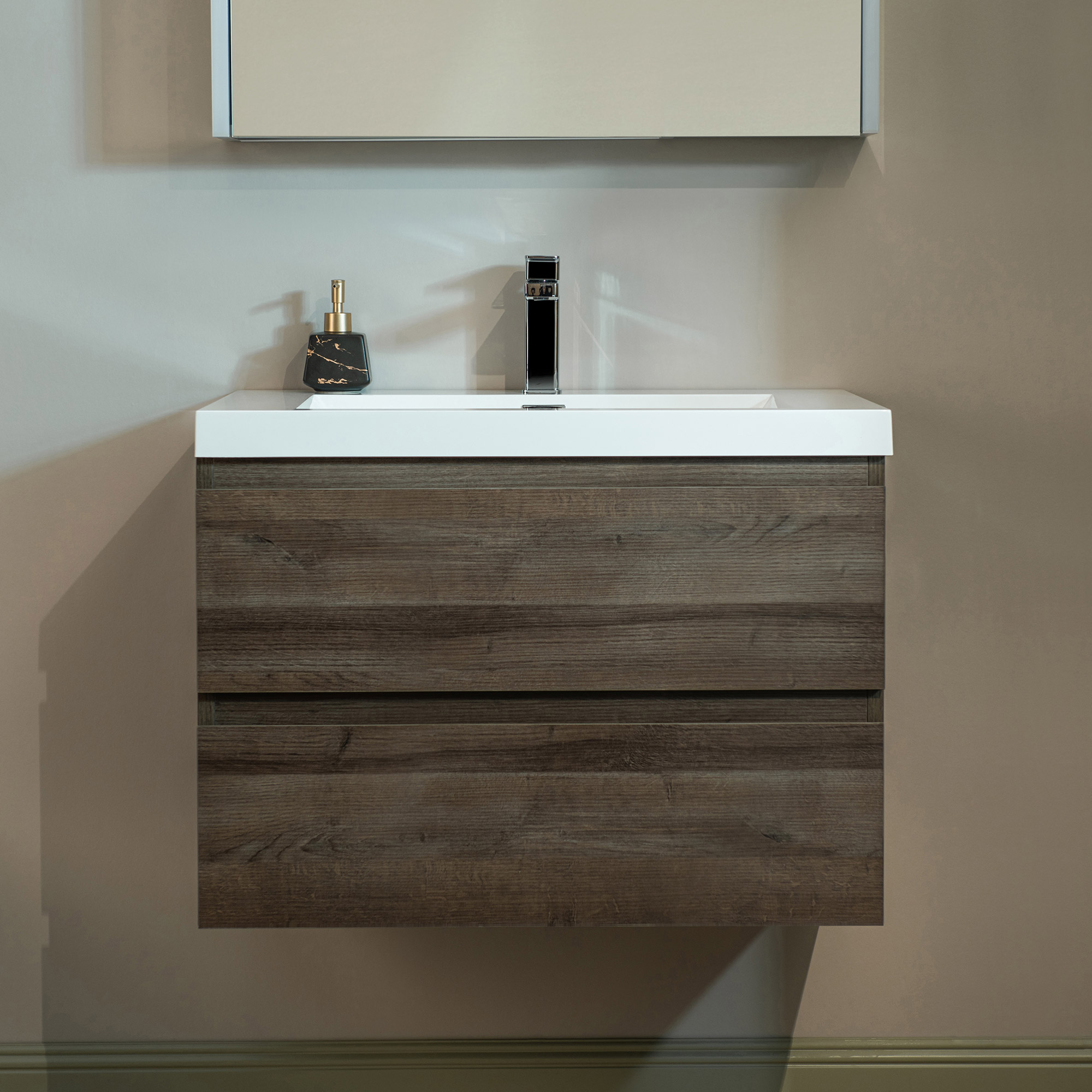 WOODBRIDGE 29-1/2 in. W x 19-5/8 in. D Wall Mounted Floating Vanity in Grey Oak with Resin Composite Vanity Top in Glossy White