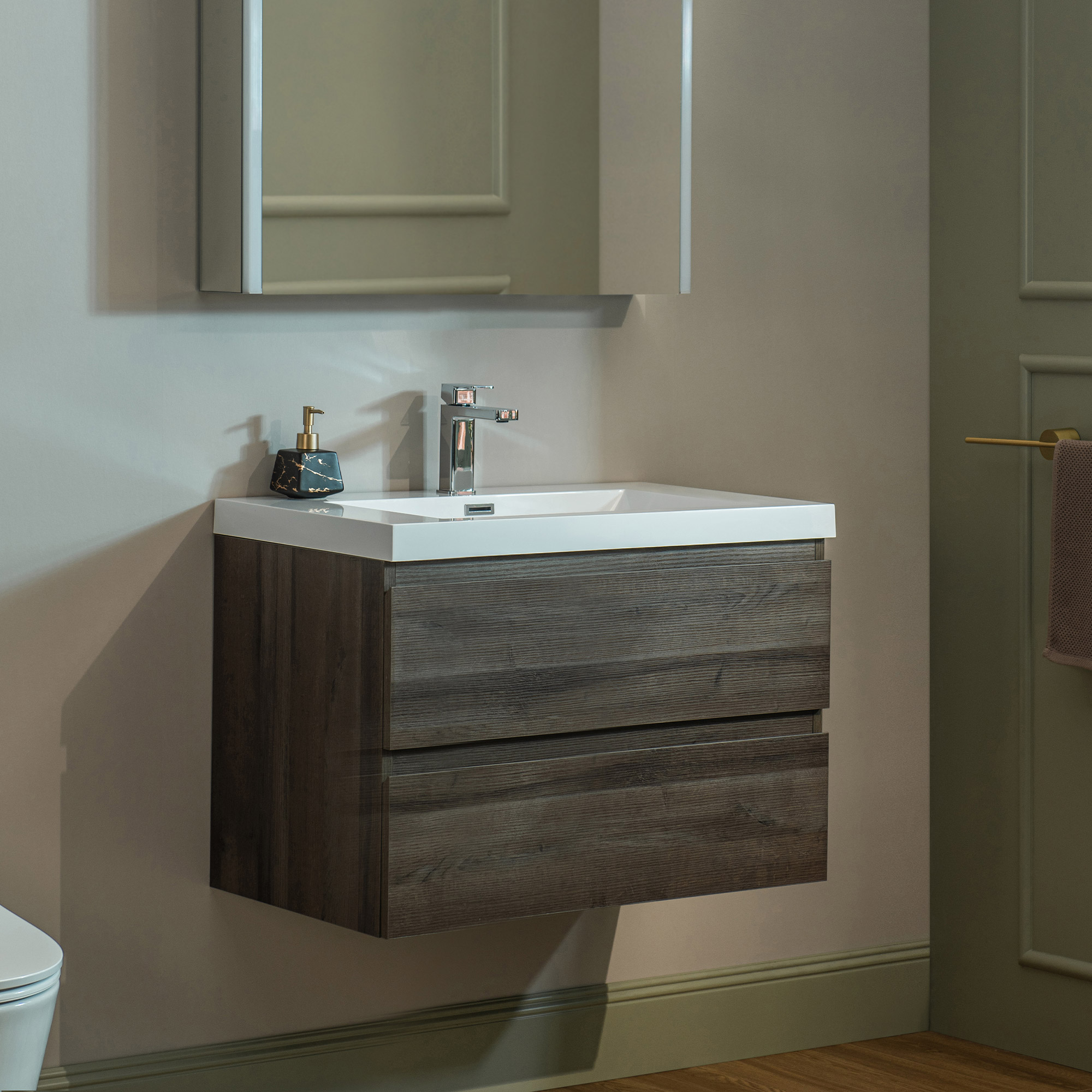  WOODBRIDGE 29-1/2 in. W x 19-5/8 in. D Wall Mounted Floating Vanity in Grey Oak with Resin Composite Vanity Top in Glossy White_20666