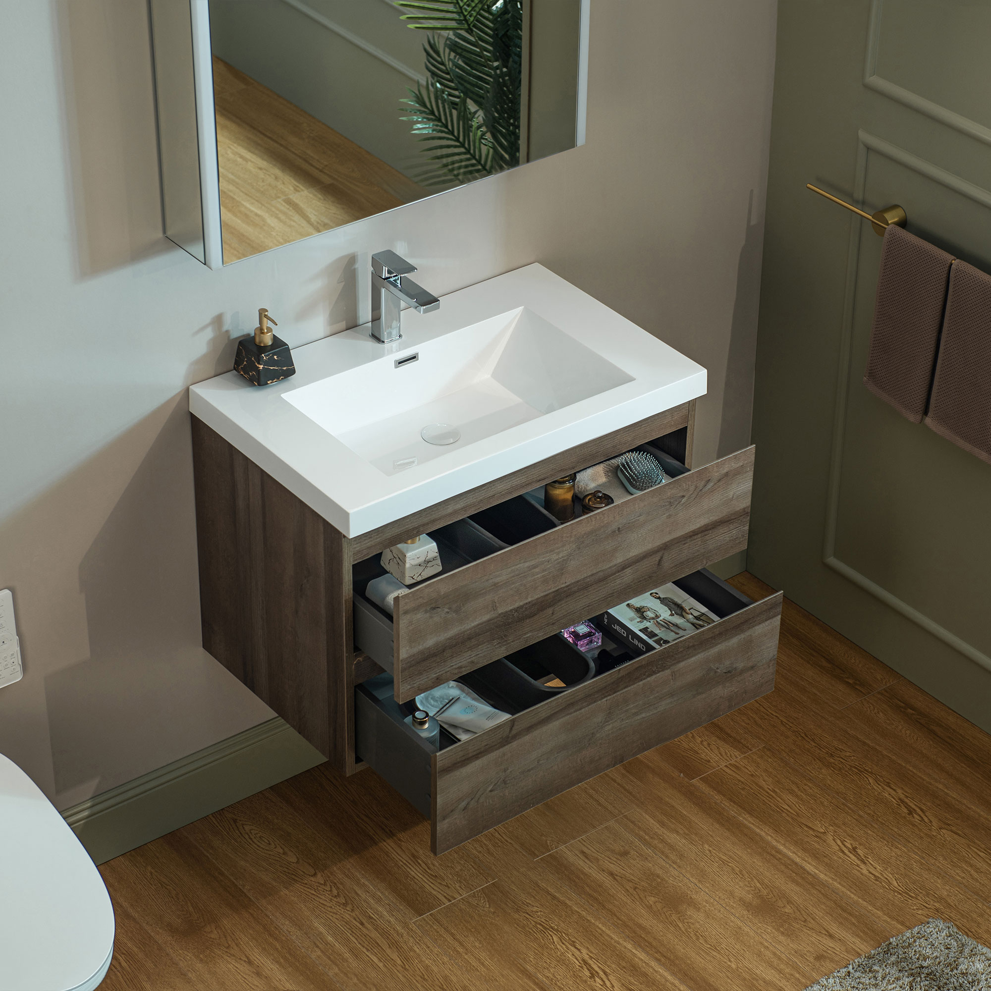  WOODBRIDGE 29-1/2 in. W x 19-5/8 in. D Wall Mounted Floating Vanity in Grey Oak with Resin Composite Vanity Top in Glossy White_20667