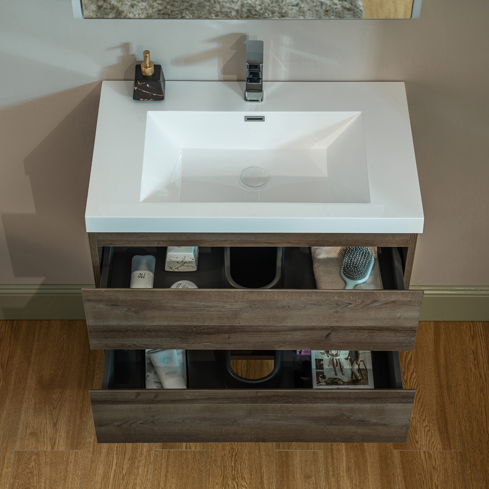  WOODBRIDGE 29-1/2 in. W x 19-5/8 in. D Wall Mounted Floating Vanity in Grey Oak with Resin Composite Vanity Top in Glossy White_20673