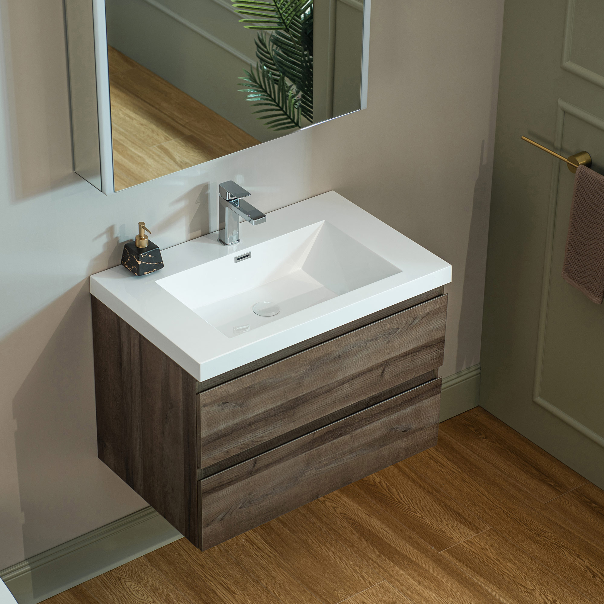  WOODBRIDGE 29-1/2 in. W x 19-5/8 in. D Wall Mounted Floating Vanity in Grey Oak with Resin Composite Vanity Top in Glossy White_20674