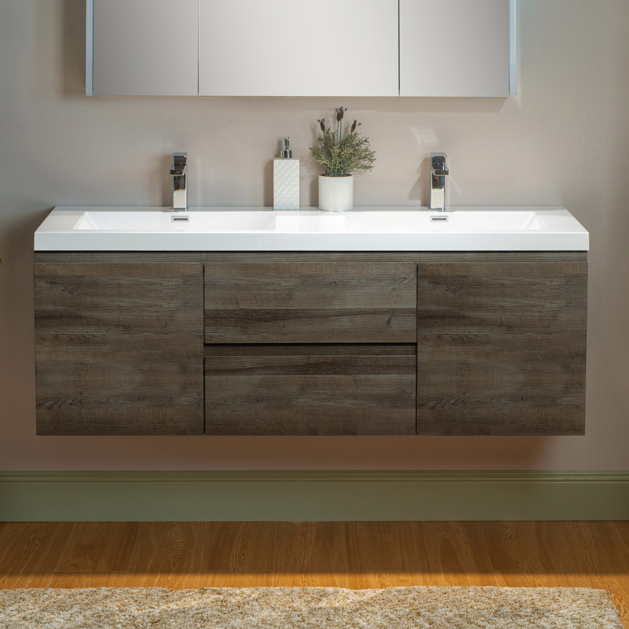 WOODBRIDGE 59 in. W x 19-5/8 in. D Wall Mounted Floating Vanity in Grey Oak with Resin Composite Vanity Top in Glossy White