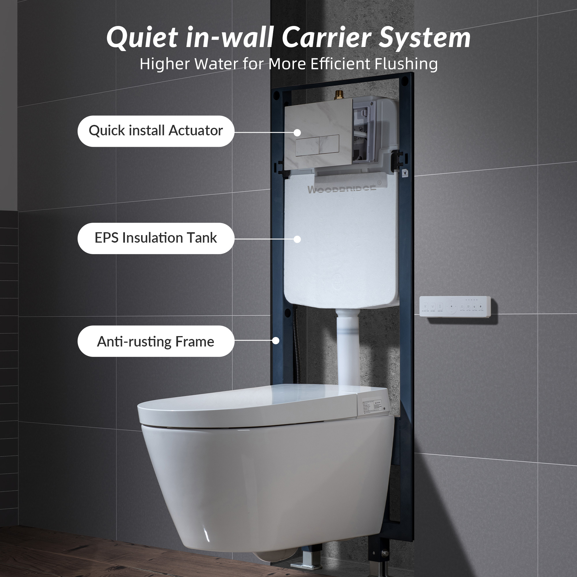  WOODBRIDGE  Intelligent Compact Elongated Dual-flush wall hung toilet with Bidet Wash Function, Heated Seat & Dryer. Matching Concealed Tank system and White Marble Stone Slim Flush Plates Included.LT611 + SWHT611+FP611-WH_20692