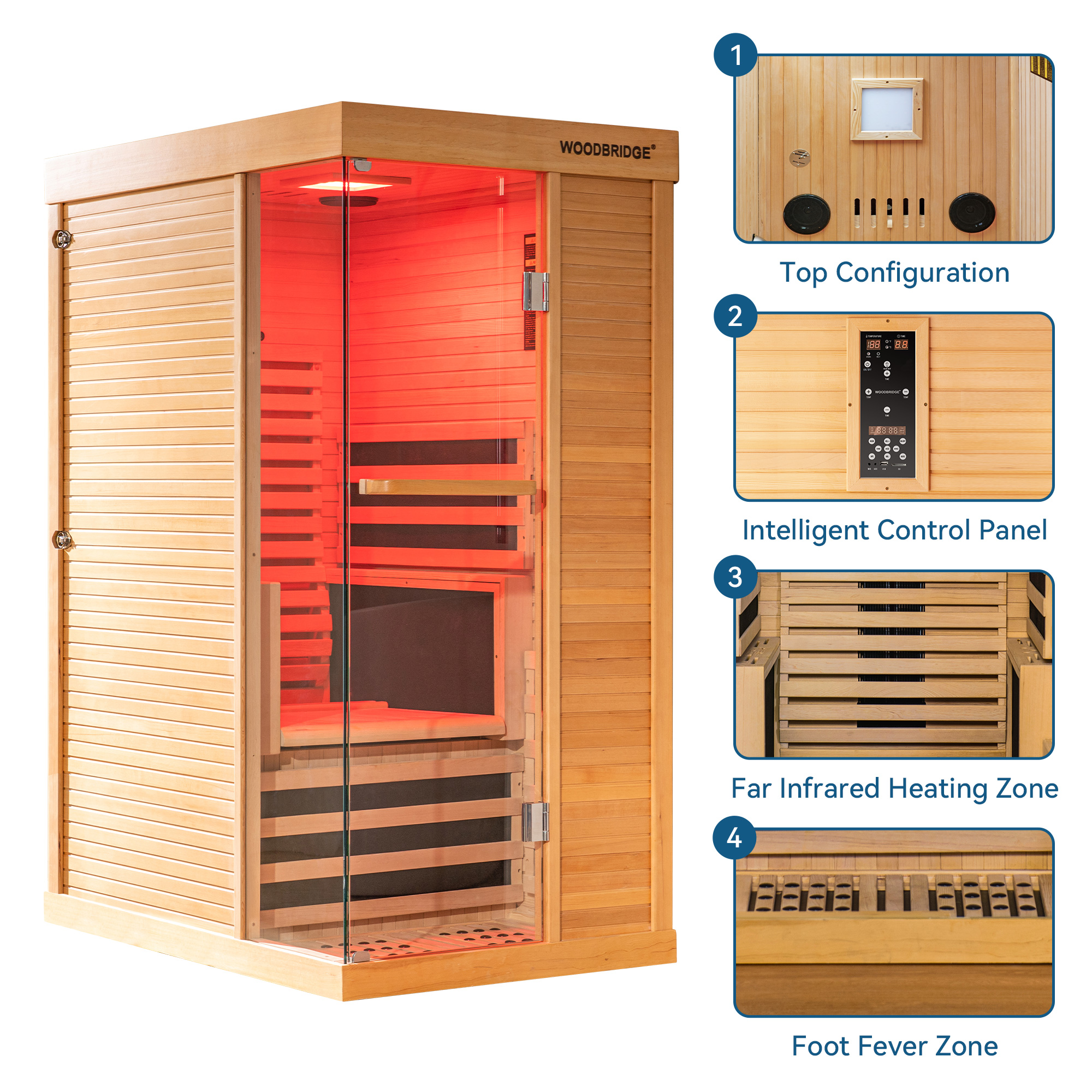  1 Person Canadian Hemlock Wood Infrared Sauna For Home With Touch-Tone Keypad, Led Color Therapy Light, Tempered Glass Door And A Top Vent_20775