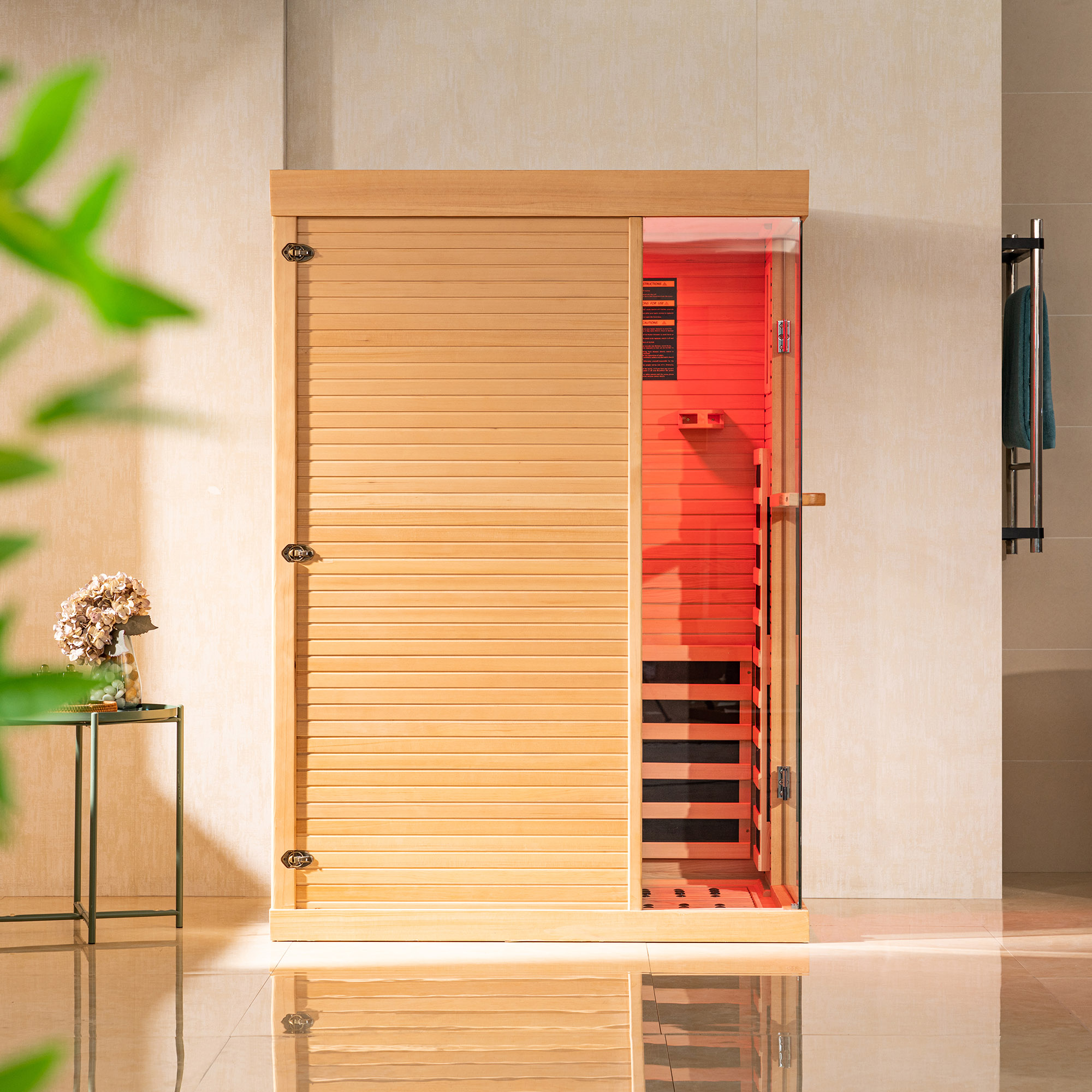  1 Person Canadian Hemlock Wood Infrared Sauna For Home With Touch-Tone Keypad, Led Color Therapy Light, Tempered Glass Door And A Top Vent_20950