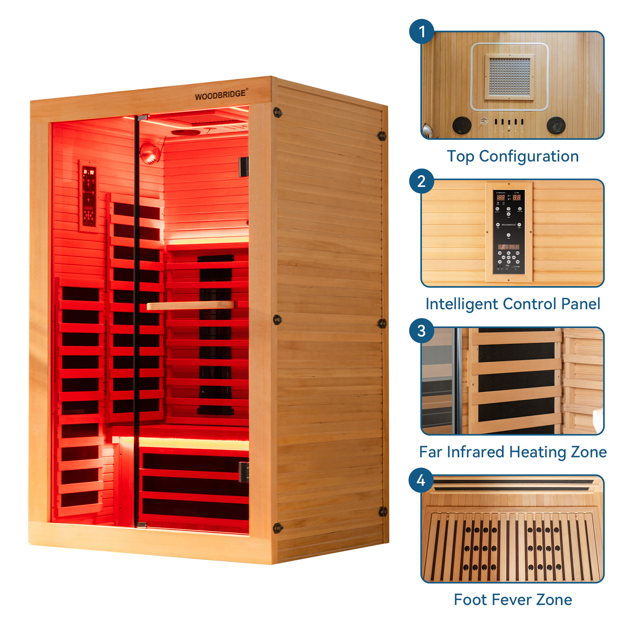  2 Person Canadian Hemlock Wood Infrared Sauna For Home With Touch-Tone Keypad, Led Color Therapy Light, Tempered Glass Door And A Top Vent_20789