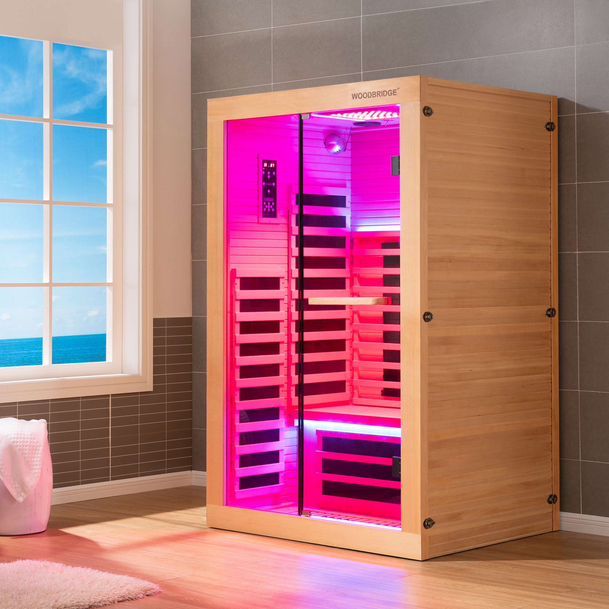  2 Person Canadian Hemlock Wood Infrared Sauna For Home With Touch-Tone Keypad, Led Color Therapy Light, Tempered Glass Door And A Top Vent_20960